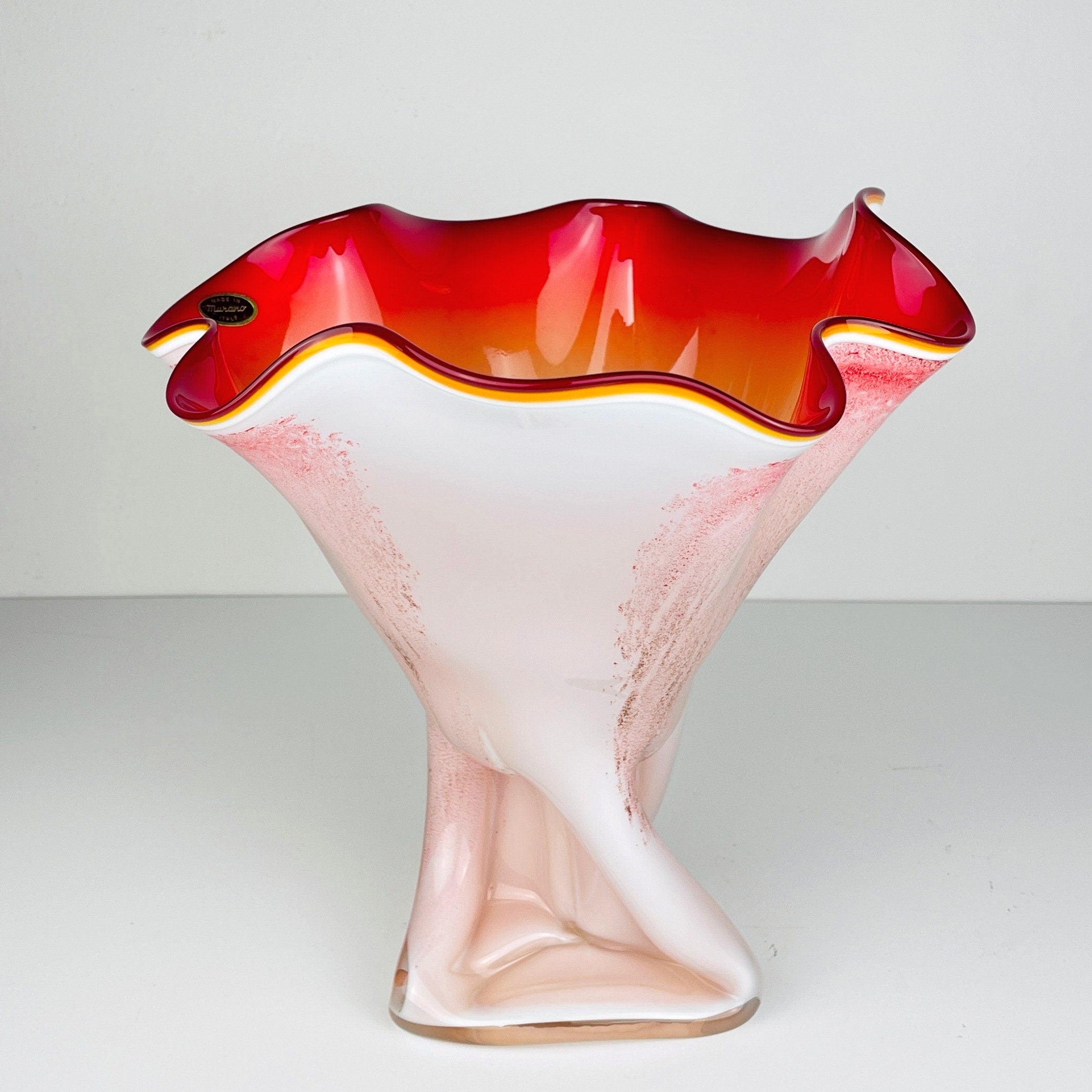 Vintage murano vase Red and White Italy 1970s / Made in Murano / Retro home decor