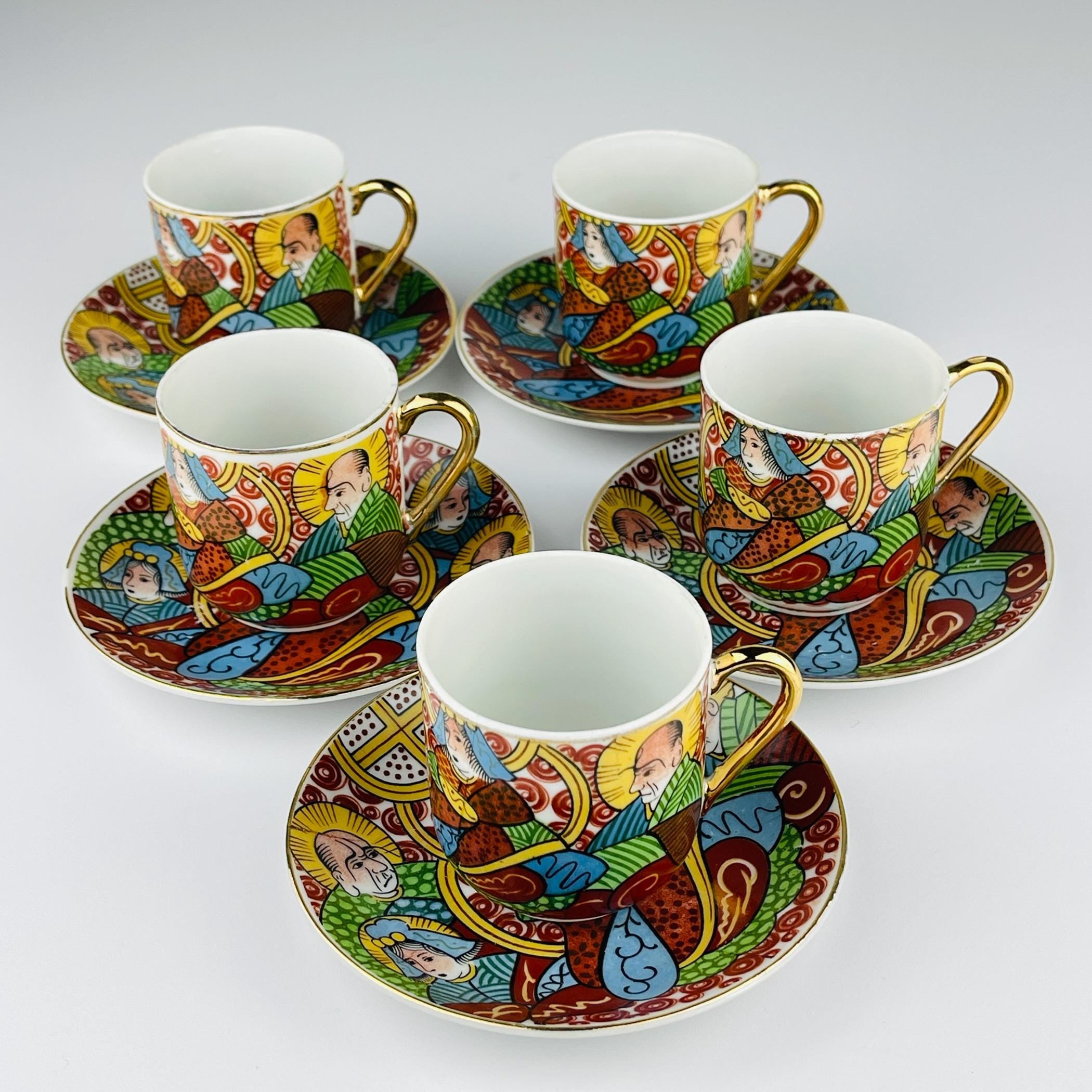 Vintage Japanese Lithophane Geisha porcelain coffee set of 5, 1950s