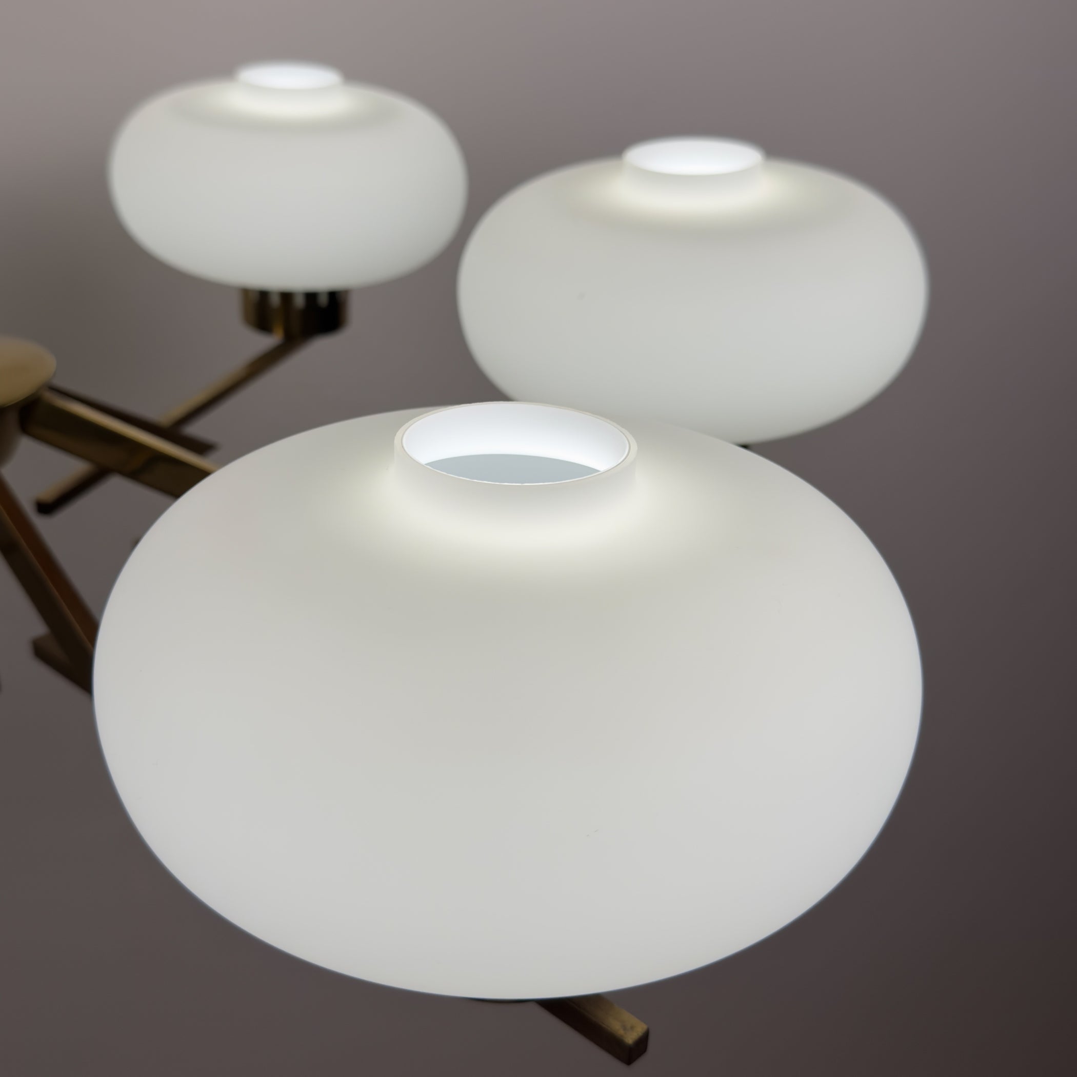 Mid-Century Stilnovo Chandelier with Brass and Opaline Glass, Italy 1970s