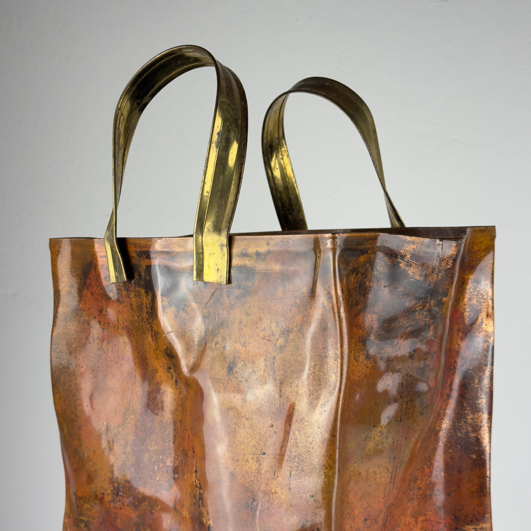 Vintage Copper Magazine Rack "Shopper Bag" with Brass Handles, Italy 1970s
