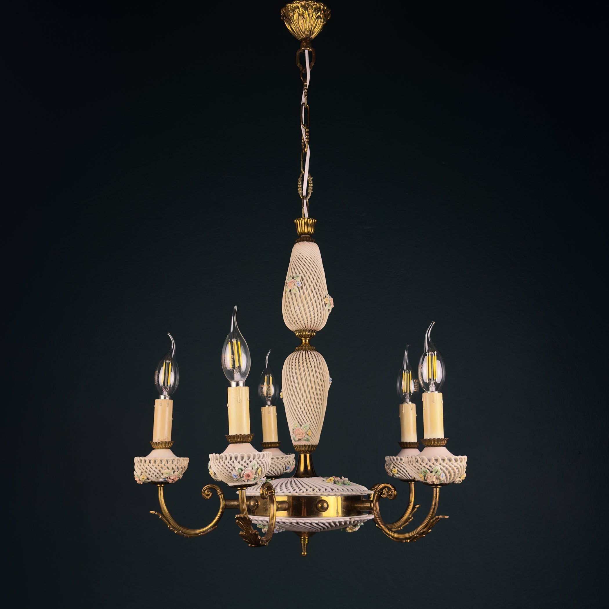 Vintage Art Nouveau Capodimonte Chandelier: Floral Porcelain Lamp, 1930s