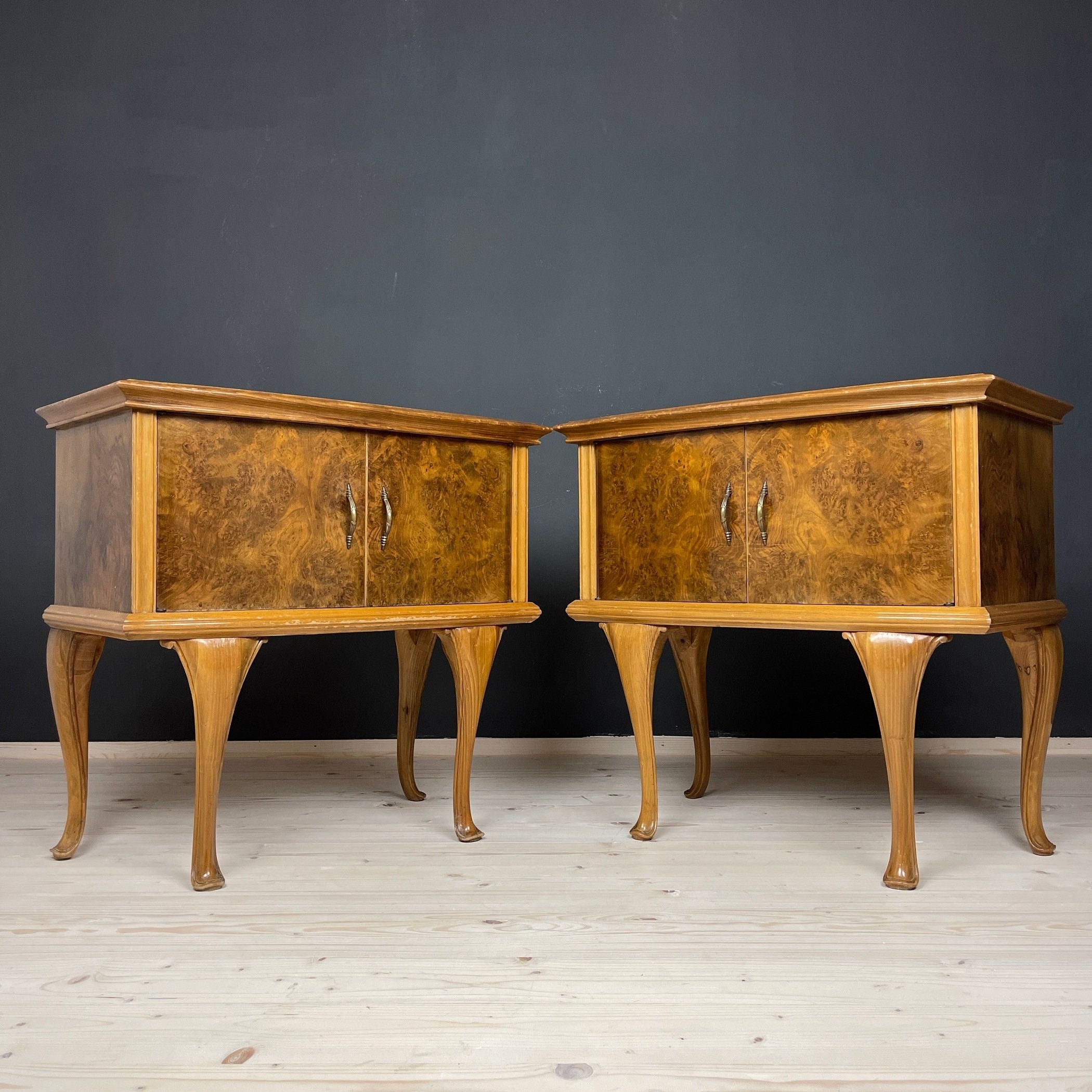 Pair of Vintage wood nightstands Italy 1950s  mid-century wooden bedside table