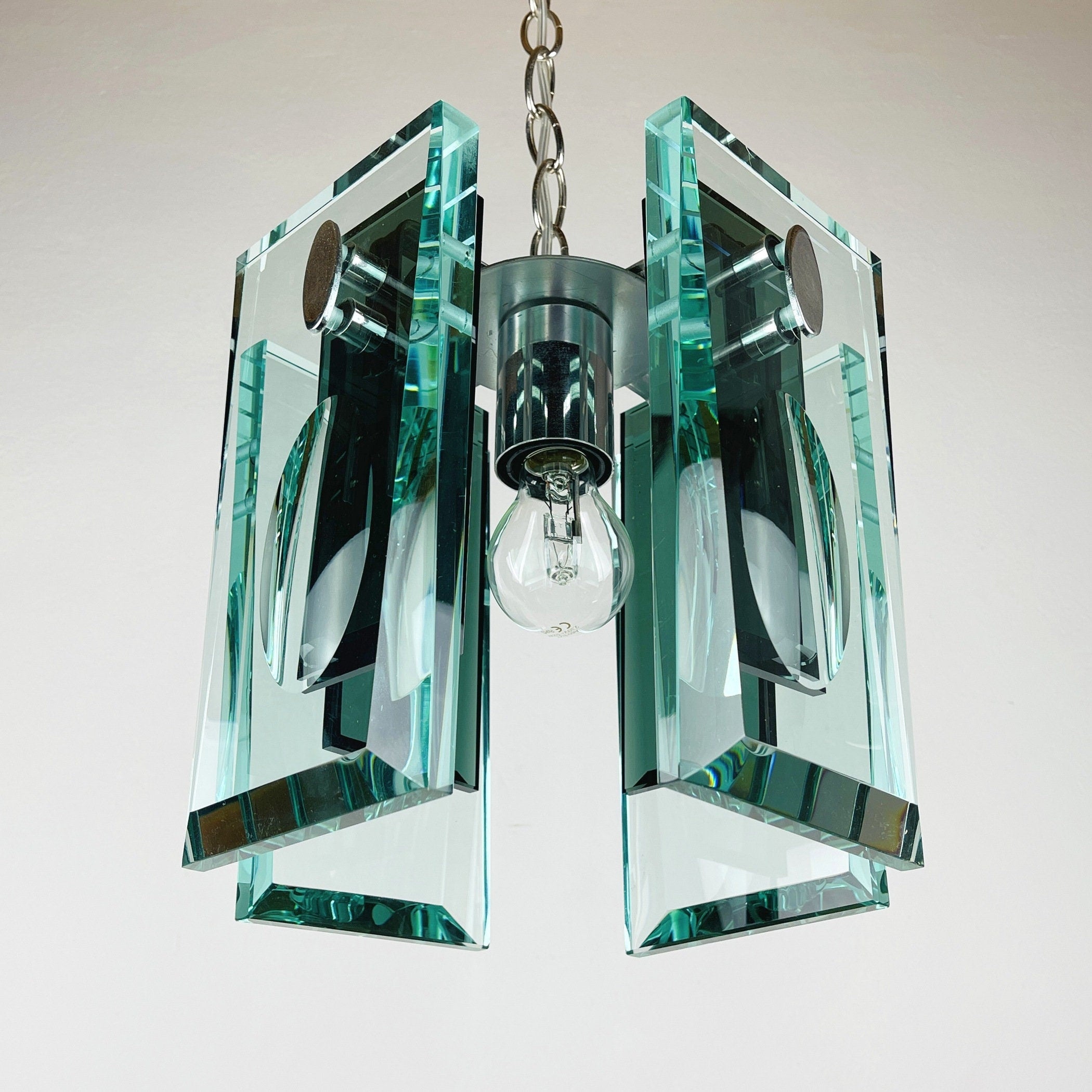 Fontana Arte Art Glass Pendant Lamp: Italian MCM 70s Design