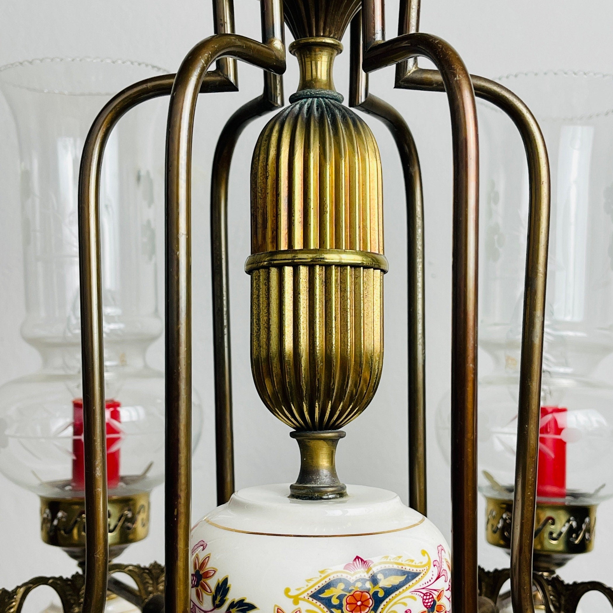 Vintage porcelain and brass chandelier Italy 1930s