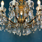 XL Vintage Crystal Chandelier: 1950s Italian Hollywood Regency Brass Lamp