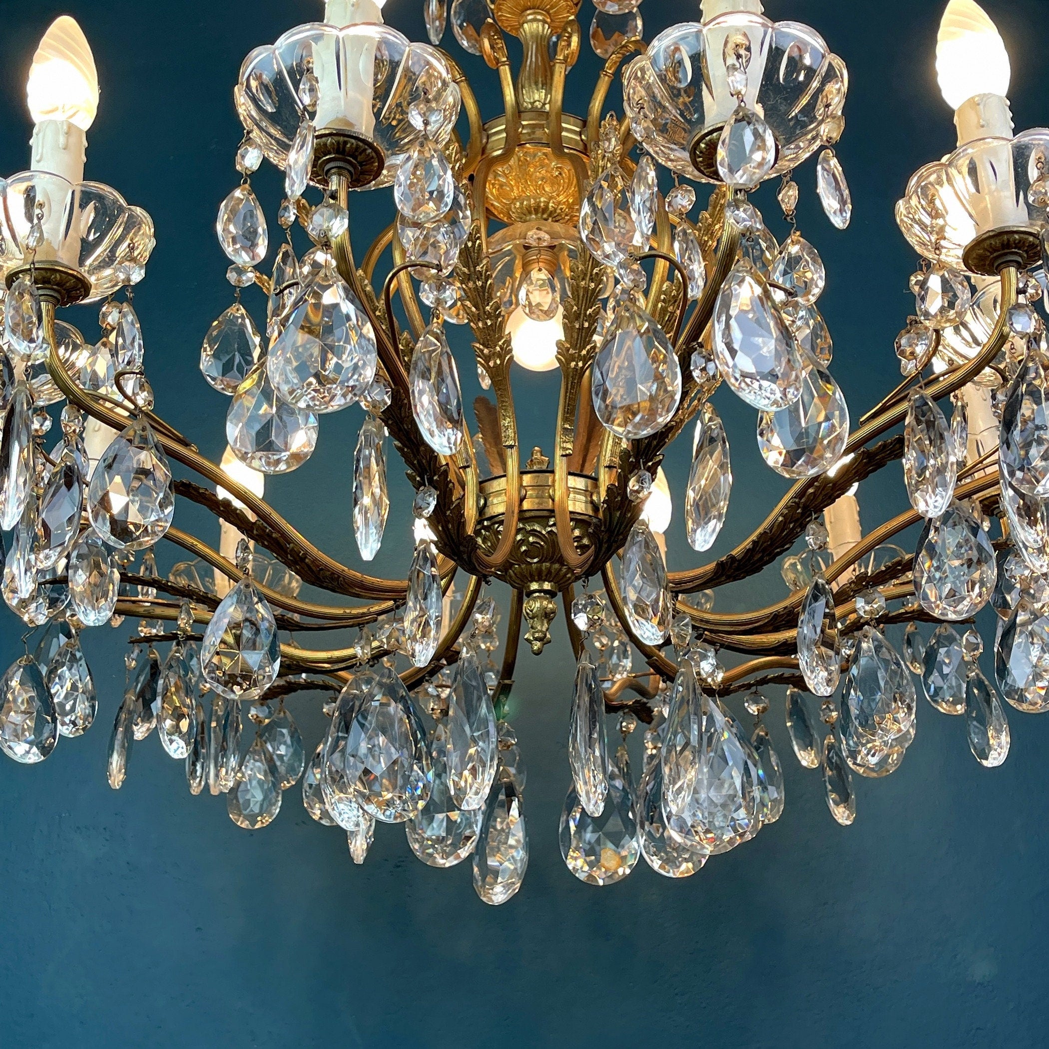 XL Vintage Crystal Chandelier: 1950s Italian Hollywood Regency Brass Lamp