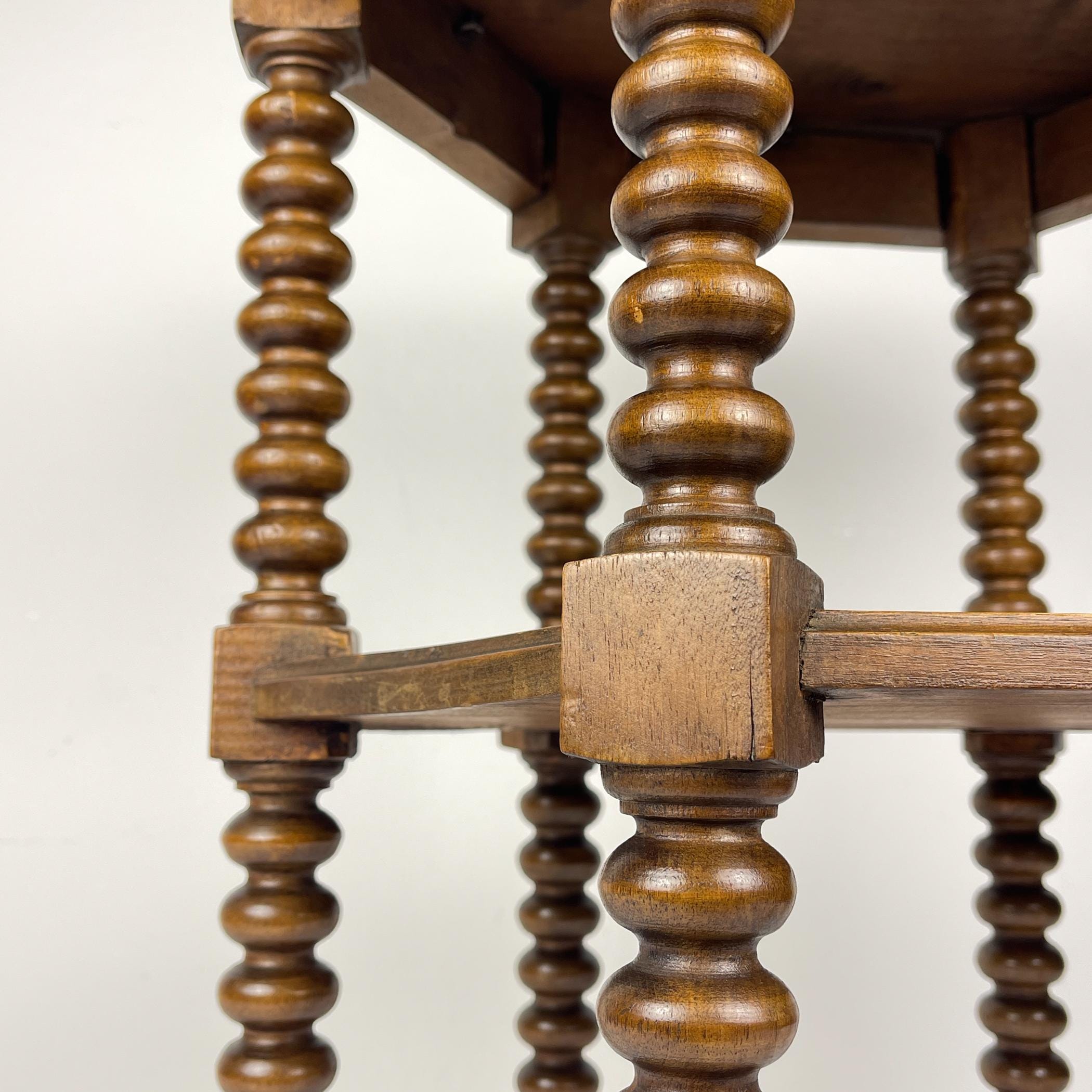 Antique Hexagonal Walnut Side Table, Italy, the Early 20th Century, Bobbin Turned Legs