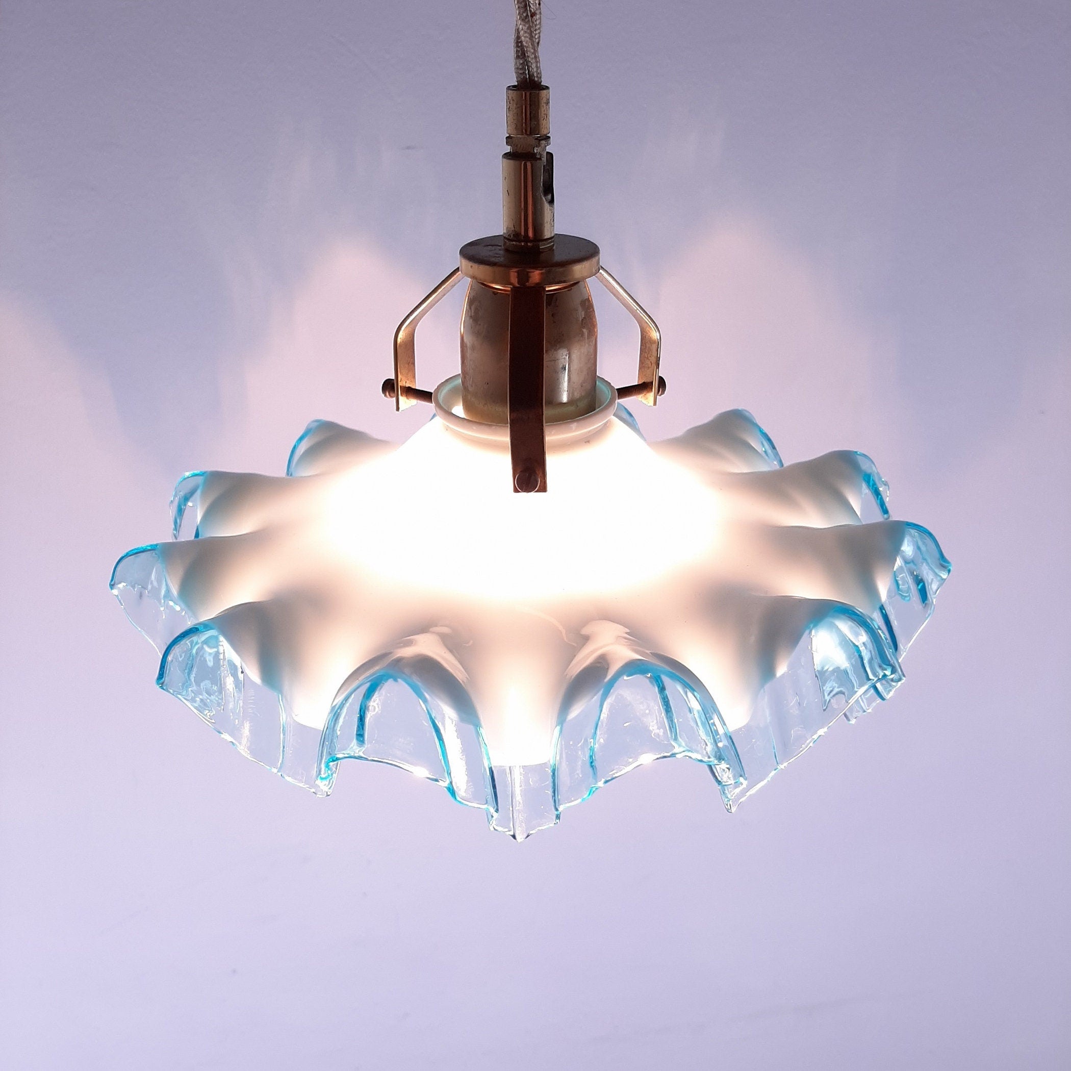 Vintage Italian Pendant Lamp: Blue & White Glass, Brass Accent, 1950s