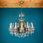 XL Vintage Crystal Chandelier: 1950s Italian Hollywood Regency Brass Lamp