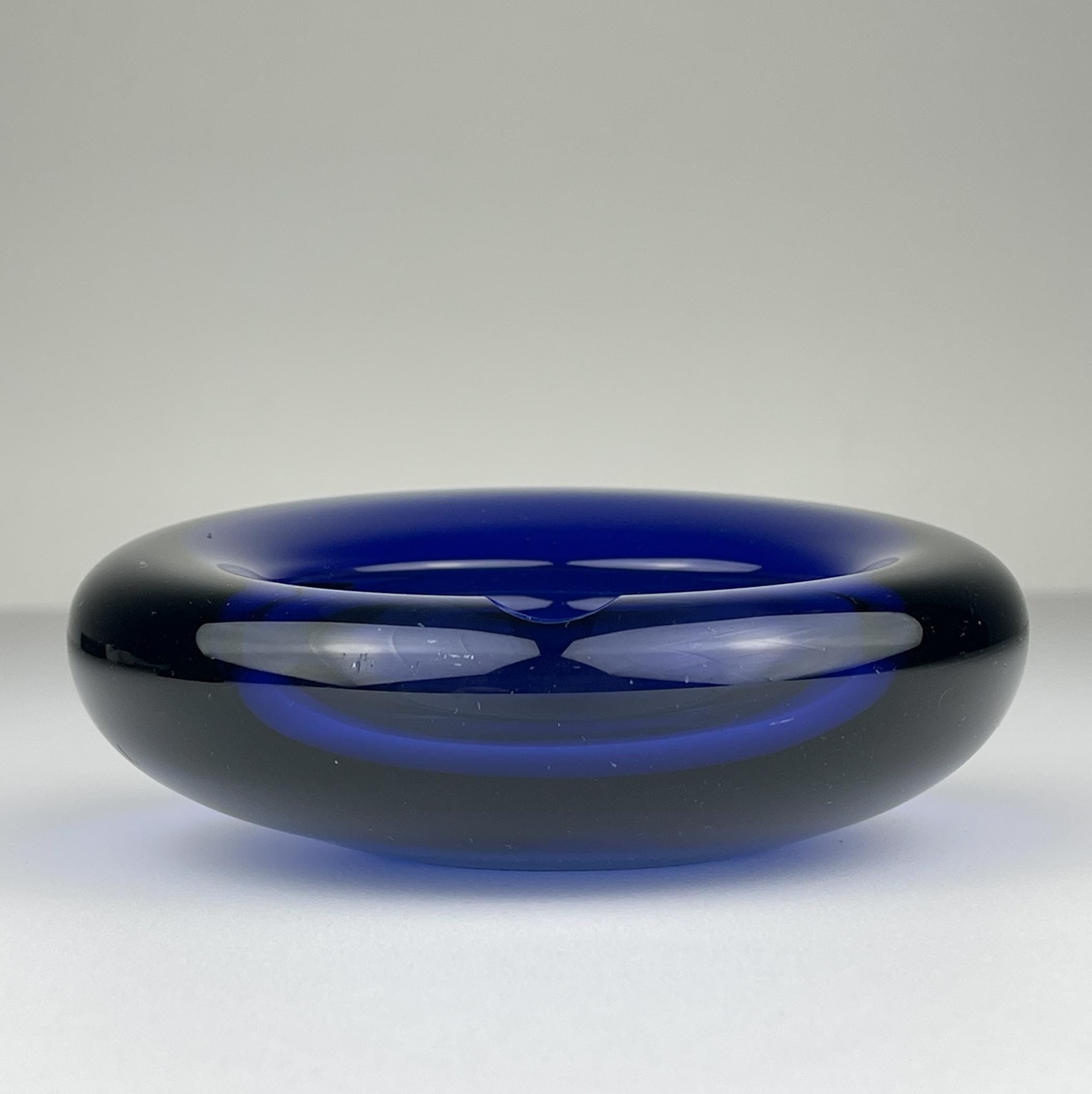 Original blue glass ashtray by Per Lütken for Holmegaard, Denmark, 1962