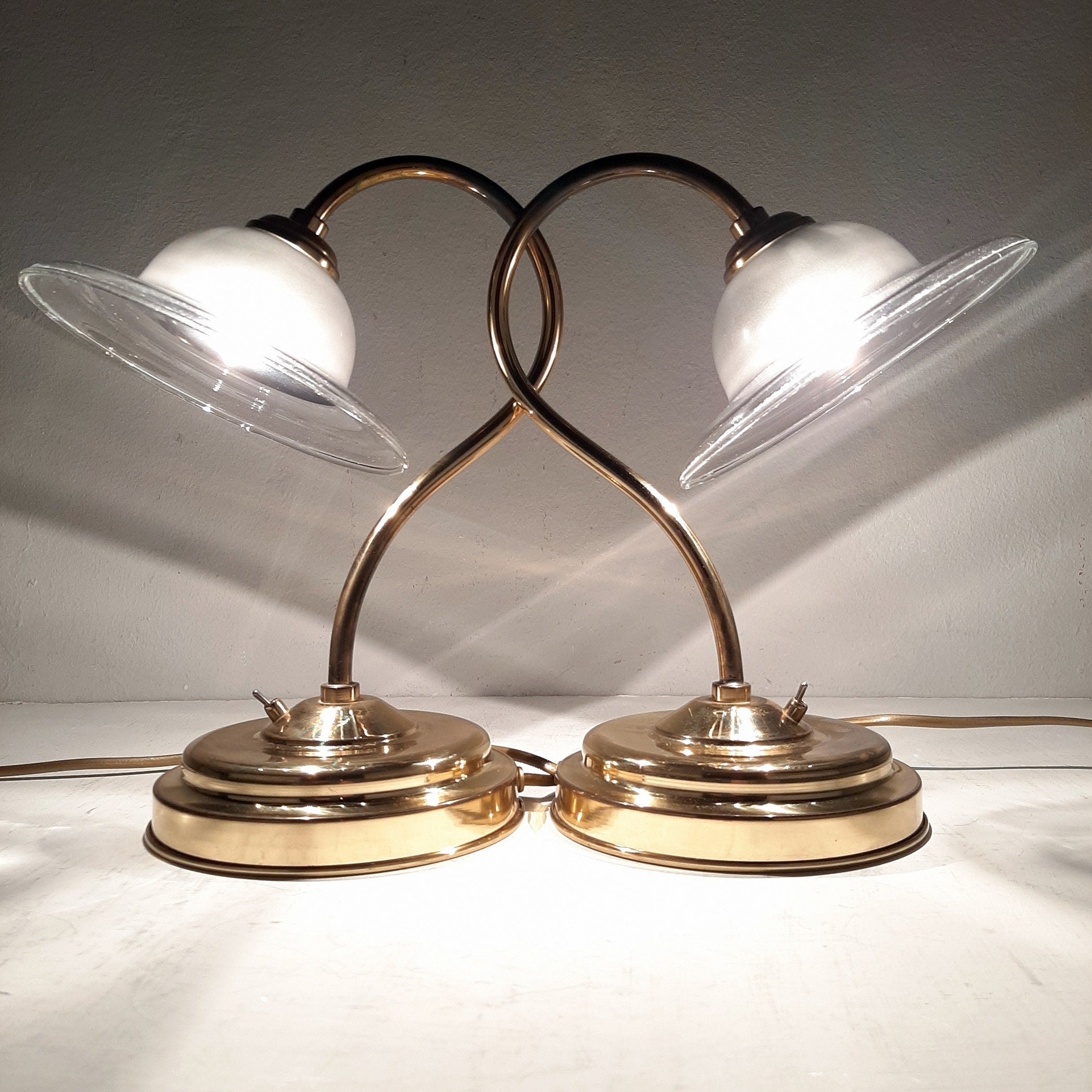 Vintage Gold Bedside Lamps: Italian Retro Mid-Century Lighting Pair