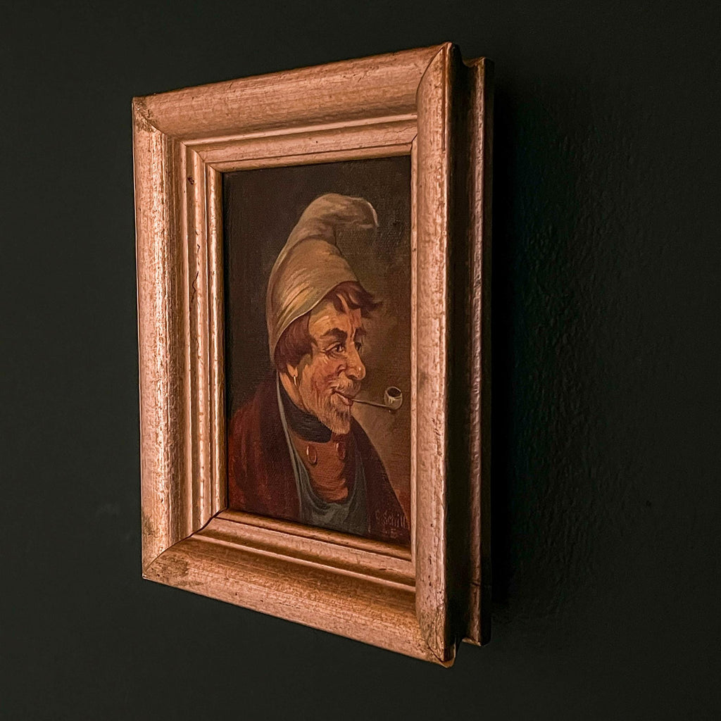 Antique painting Portrait "Man in a nightcap with a pipe" by G. Schill, canvas, oil, 1930s