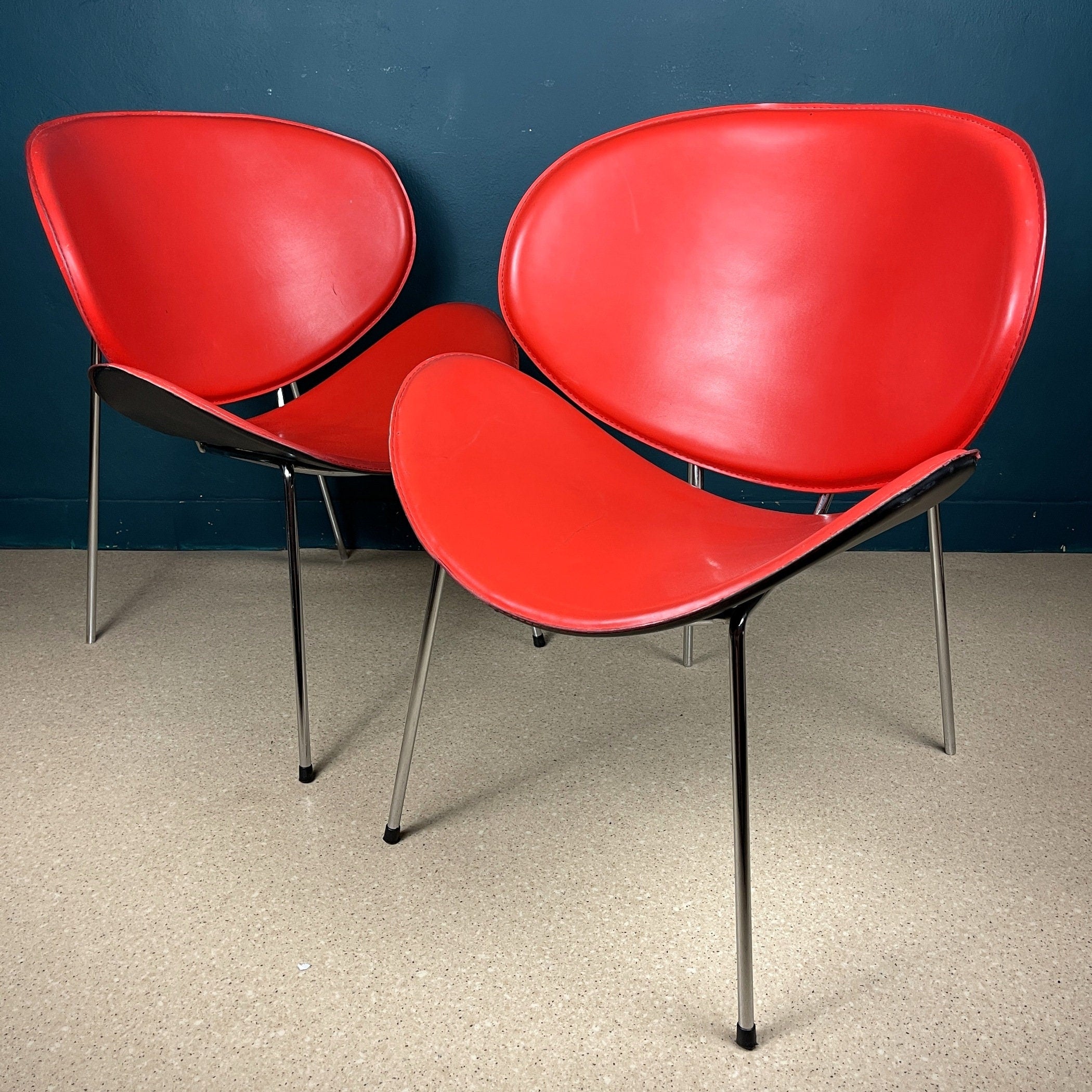 Vintage Red Vinyl Lounge Chairs: Pierre Paulin Style, Mid-Century Modern (Pair)