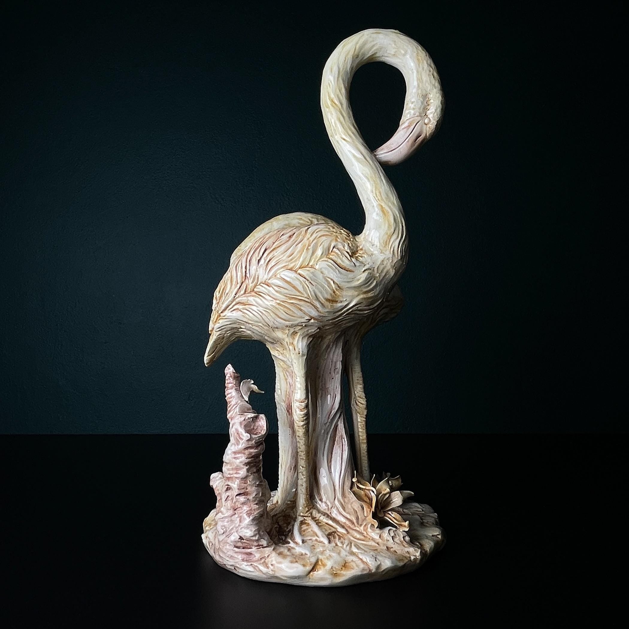 Original ceramic sculpture of Flamingo from Bassano, Italy 1980s, Vintage decor, Italian pottery