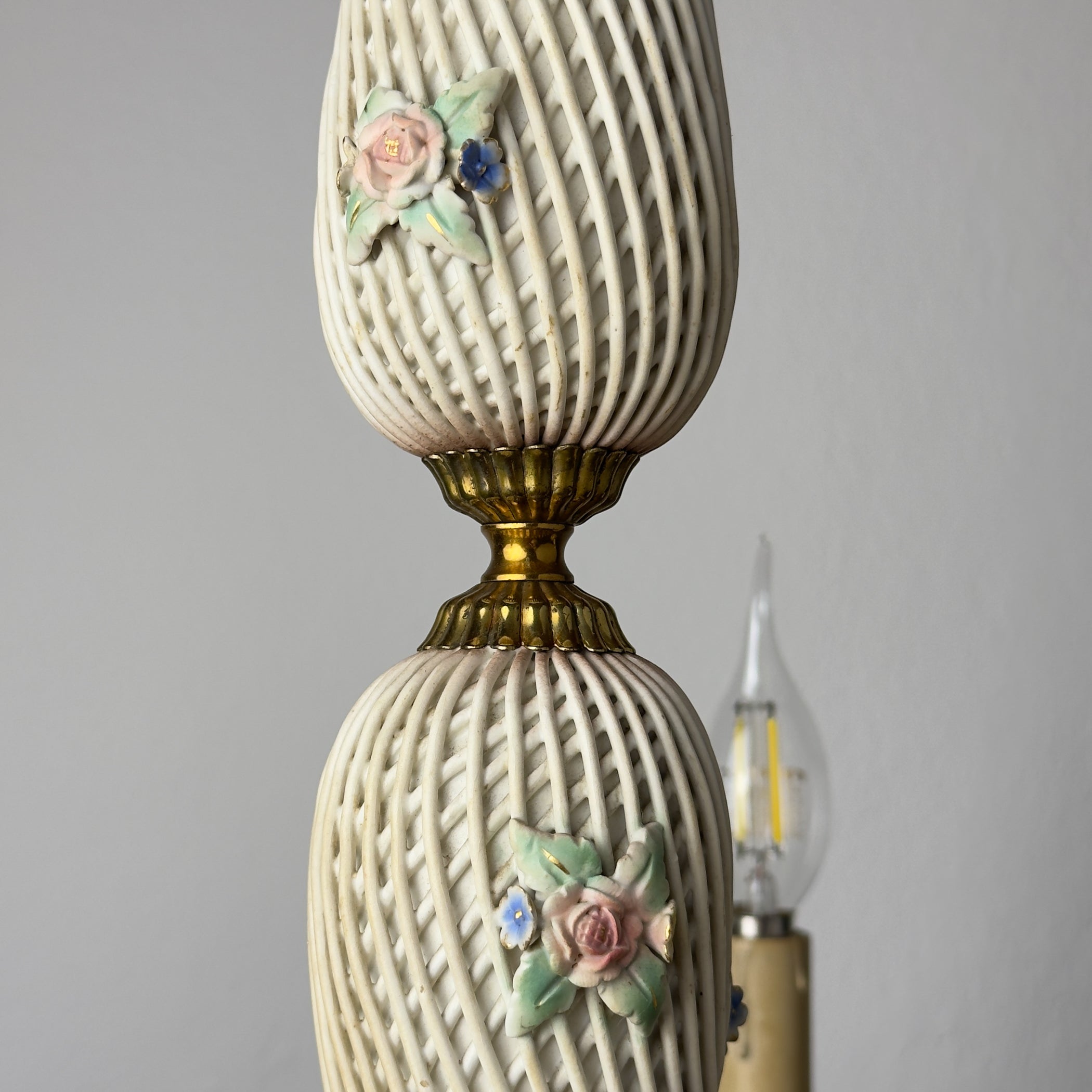 Vintage Art Nouveau Capodimonte Chandelier: Floral Porcelain Lamp, 1930s