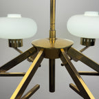 Mid-Century Stilnovo Chandelier with Brass and Opaline Glass, Italy 1970s