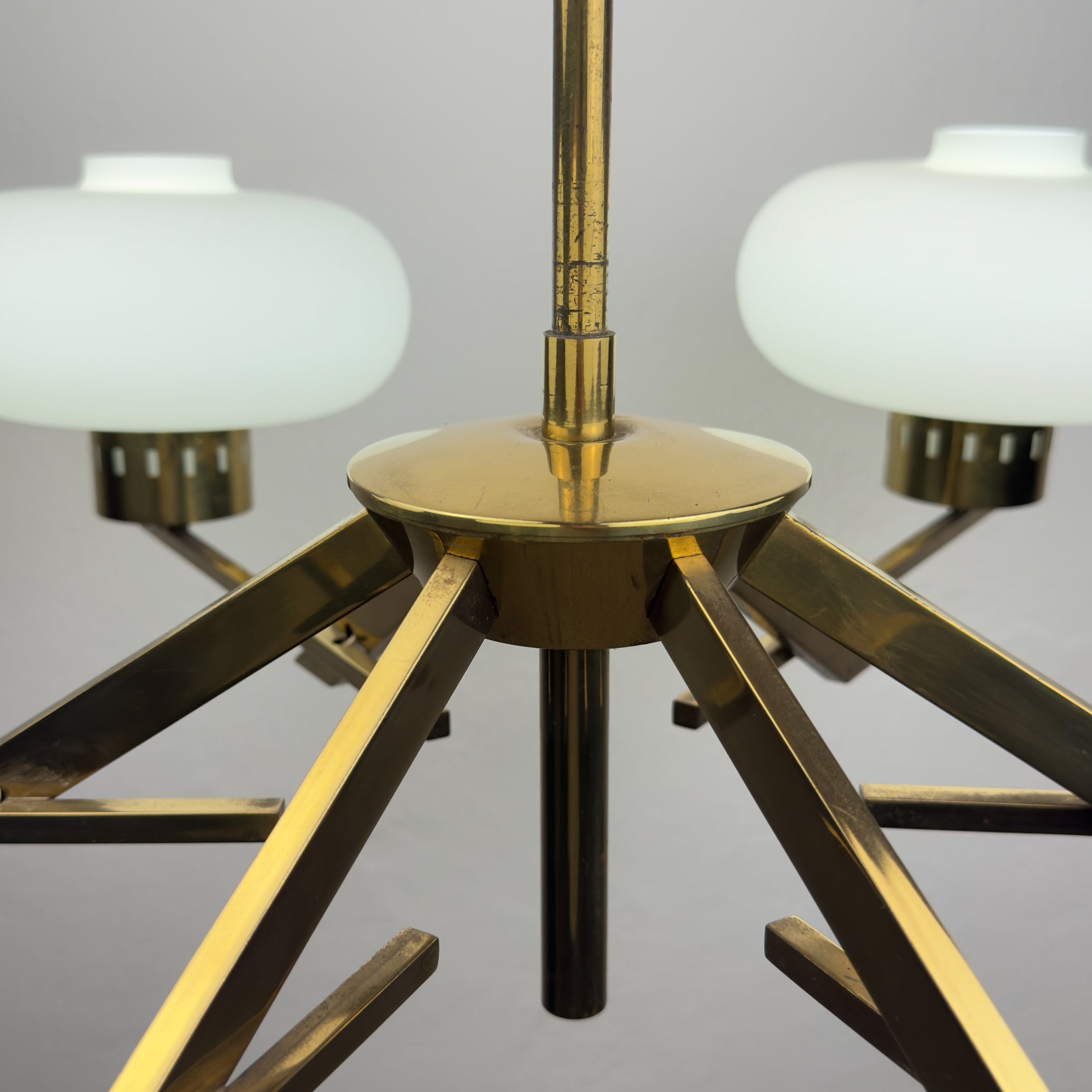 Mid-Century Stilnovo Chandelier with Brass and Opaline Glass, Italy 1970s