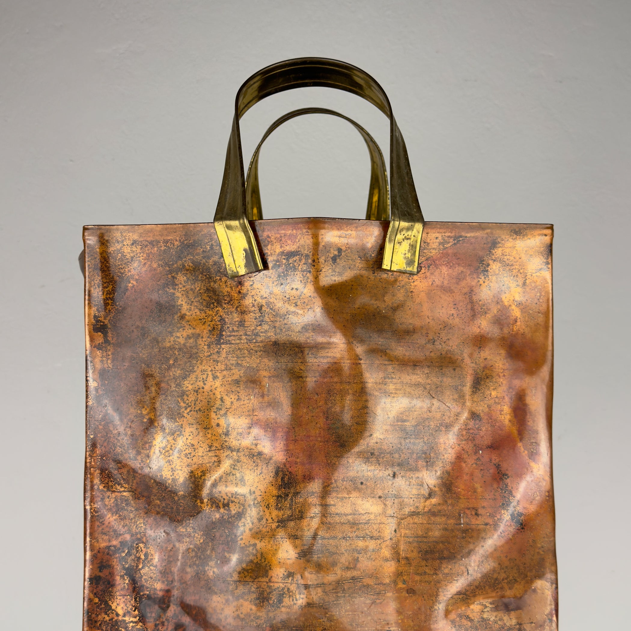 Vintage Copper Magazine Rack "Shopper Bag" with Brass Handles, Italy 1970s