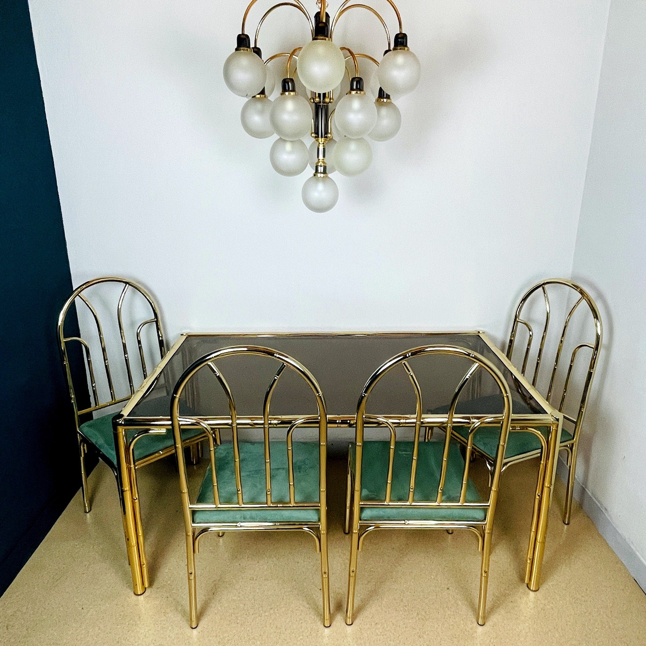 Vintage Brass Faux Bamboo Dining Set: 4 Chairs & Smoked Glass Table, France 1970s