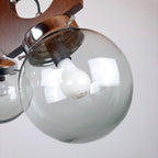 Mid-Century Modern Chandelier: 1970s Yugoslavia Wood, Glass, & Metal 3-Bulb Lamp