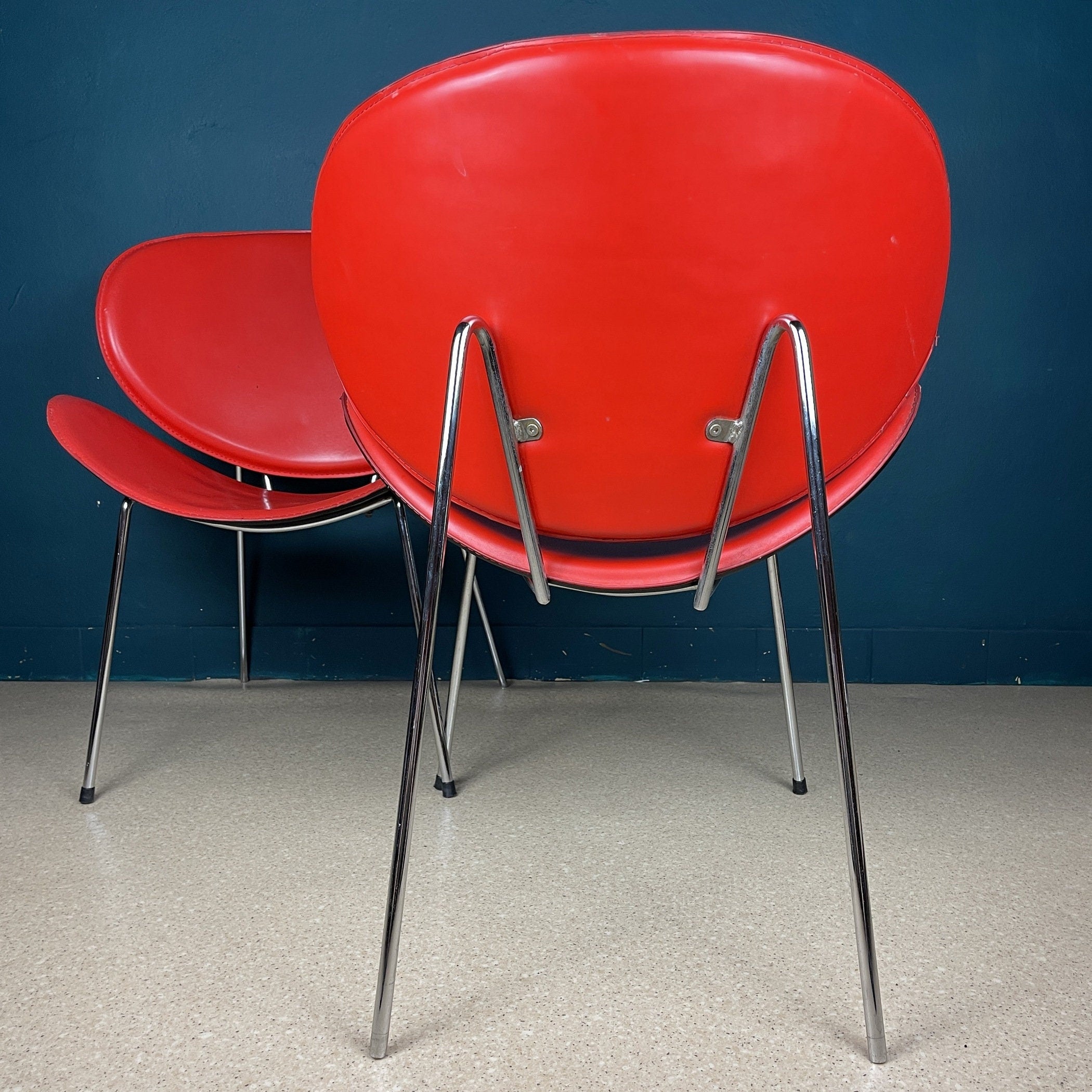 Vintage Red Vinyl Lounge Chairs: Pierre Paulin Style, Mid-Century Modern (Pair)