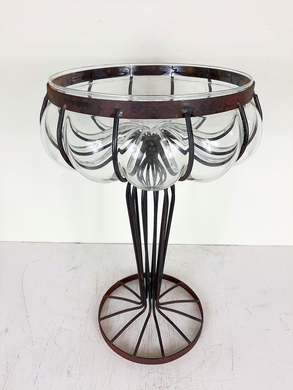 Vintage Glass Metal Vase 1970s Yugoslavia Handmade Patina Fruit Vase