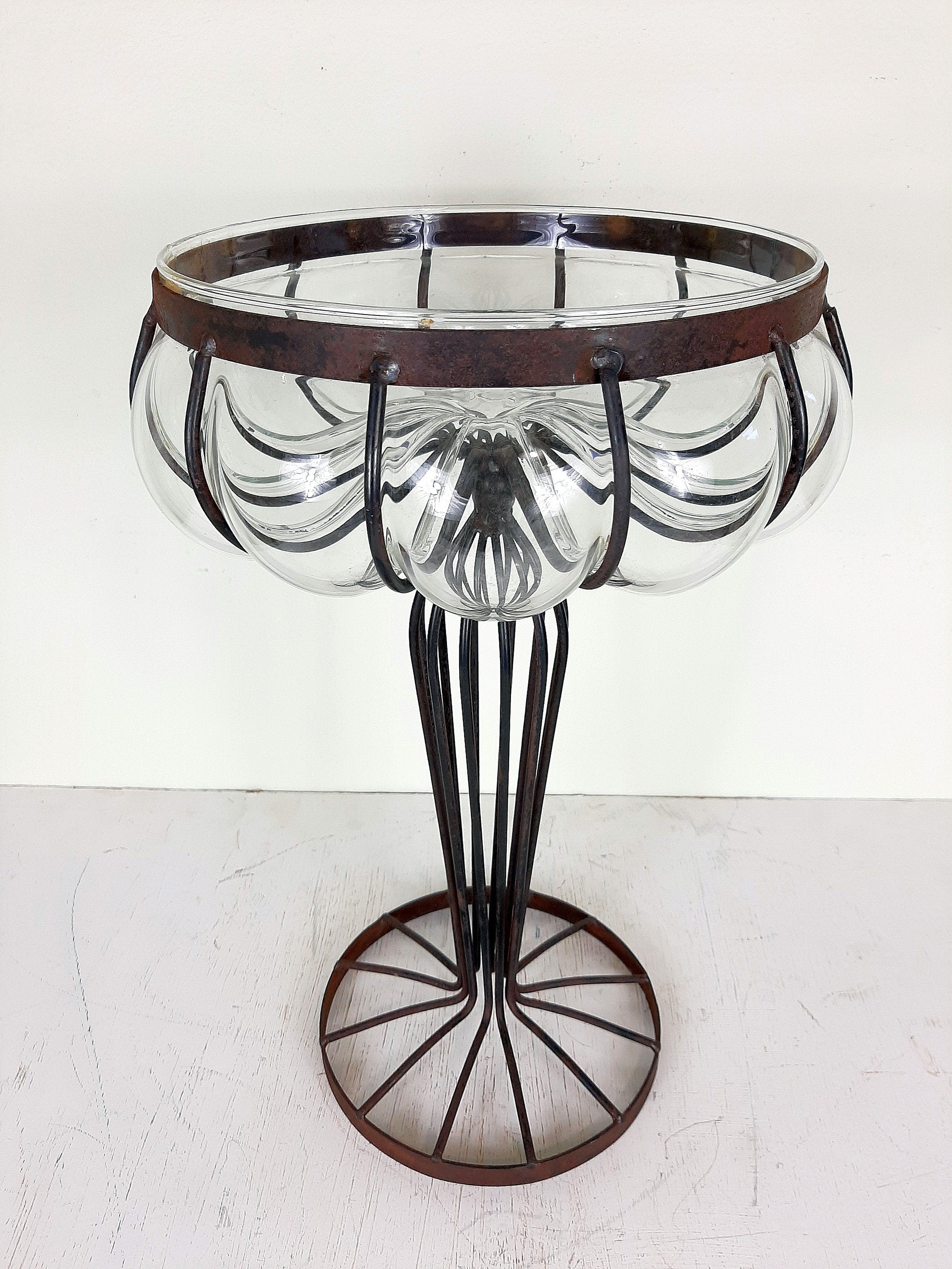 Vintage Glass Metal Vase 1970s Yugoslavia Handmade Patina Fruit Vase