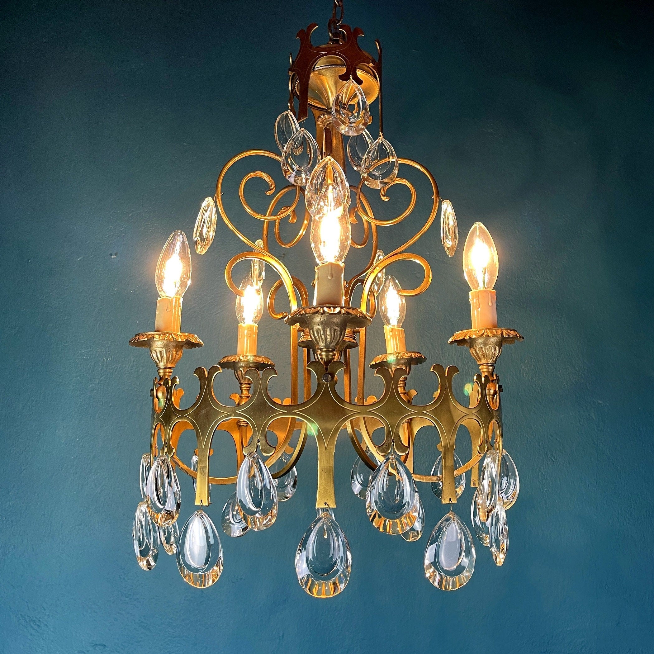 Vintage Italian Chandelier: 1960s Bronze 5-Arm Crystal Drop Light