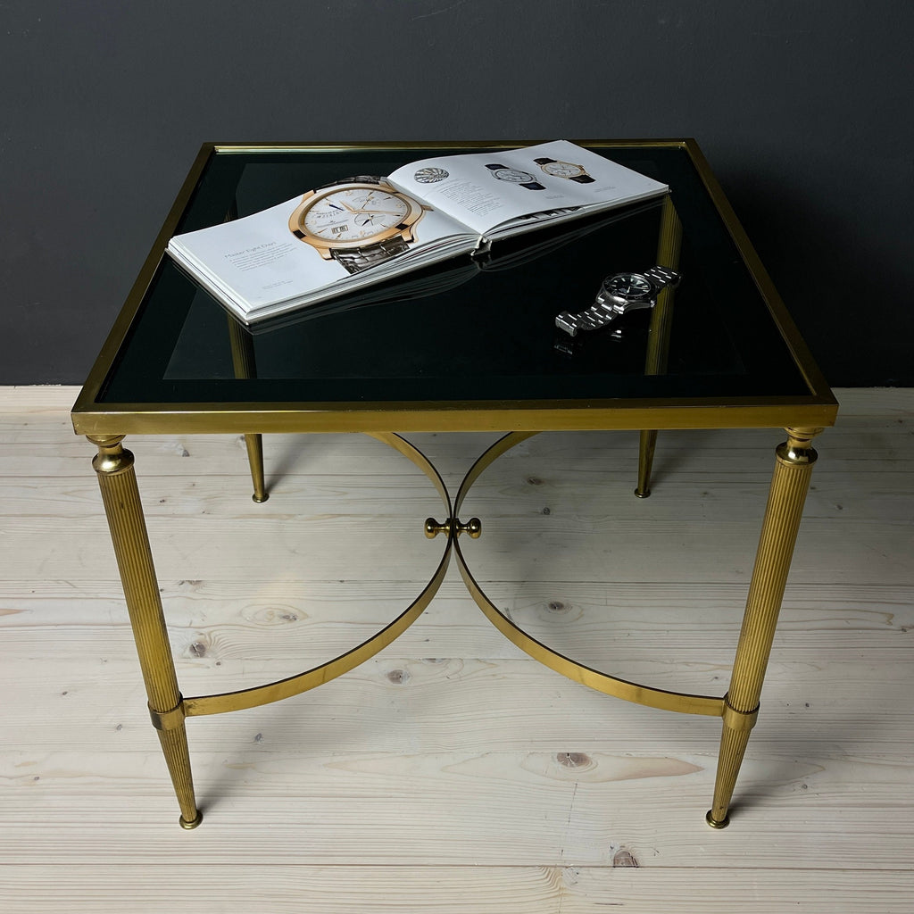 Vintage Smoked Glass & Brass Side Table: Italian Art Deco 1970s