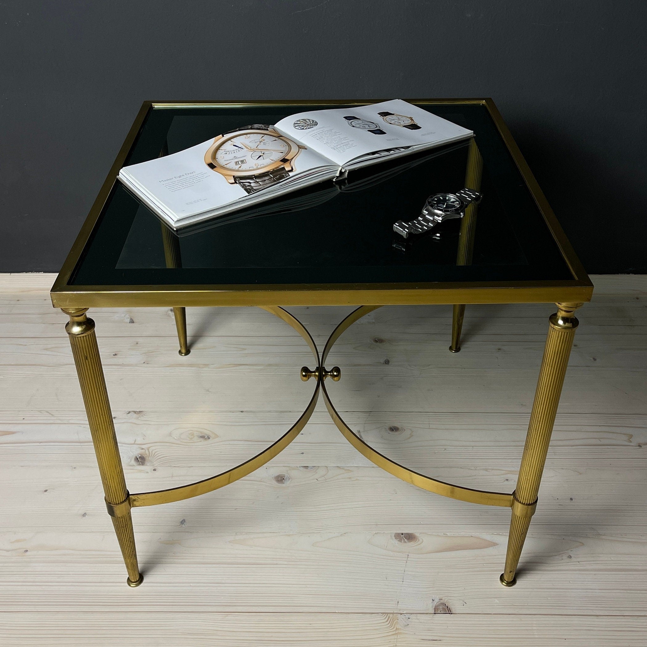 Vintage Smoked Glass & Brass Side Table: Italian Art Deco 1970s