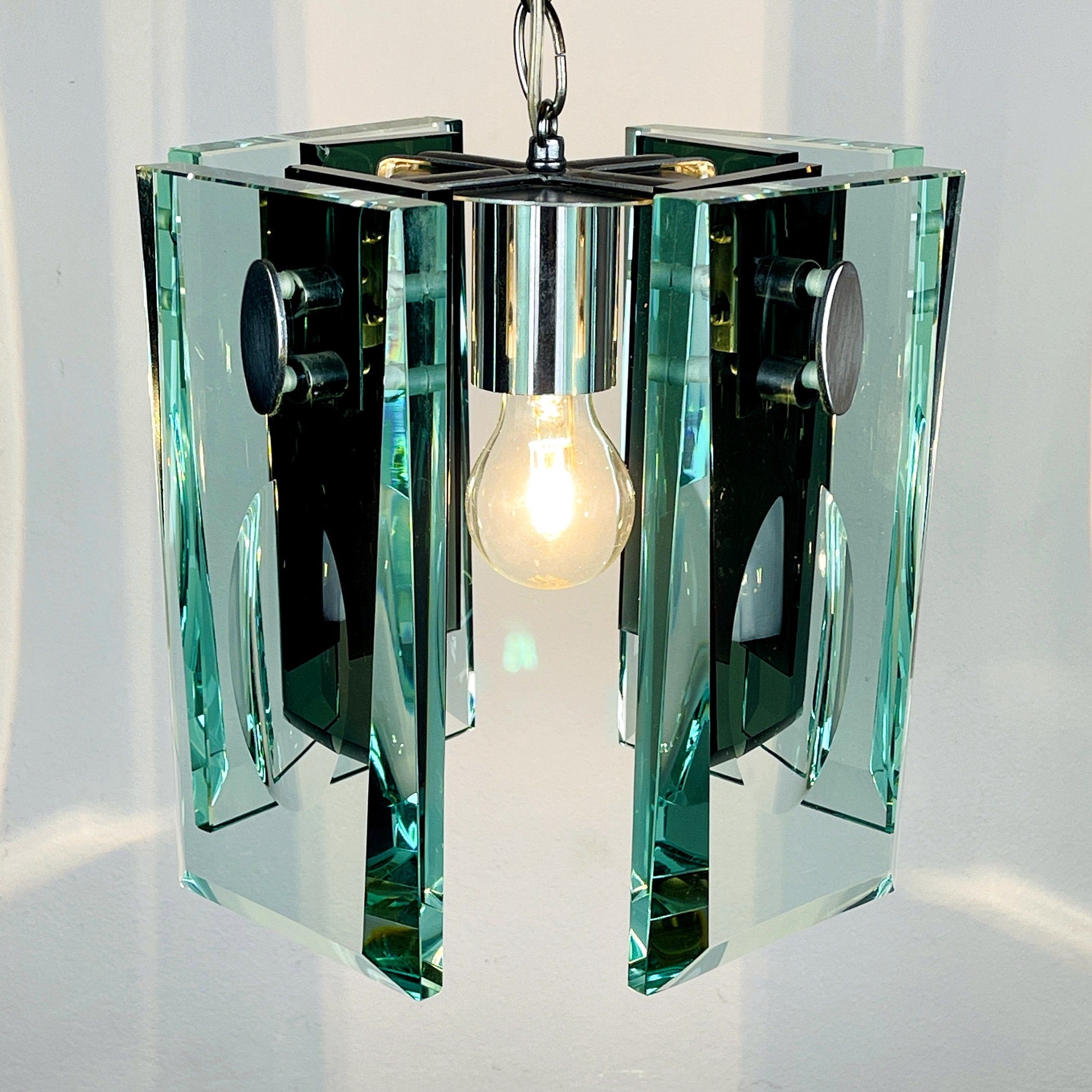 Fontana Arte Art Glass Pendant Lamp: Italian MCM 70s Design