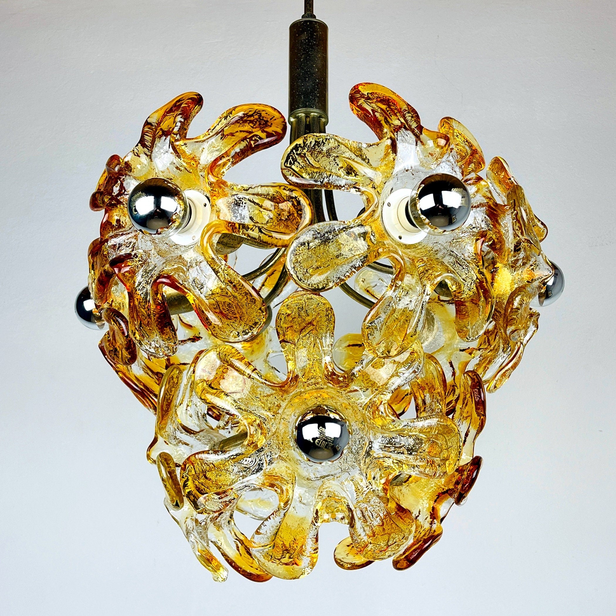Vintage Amber Murano Glass Flower Chandelier - Mazzega Italian Lighting
