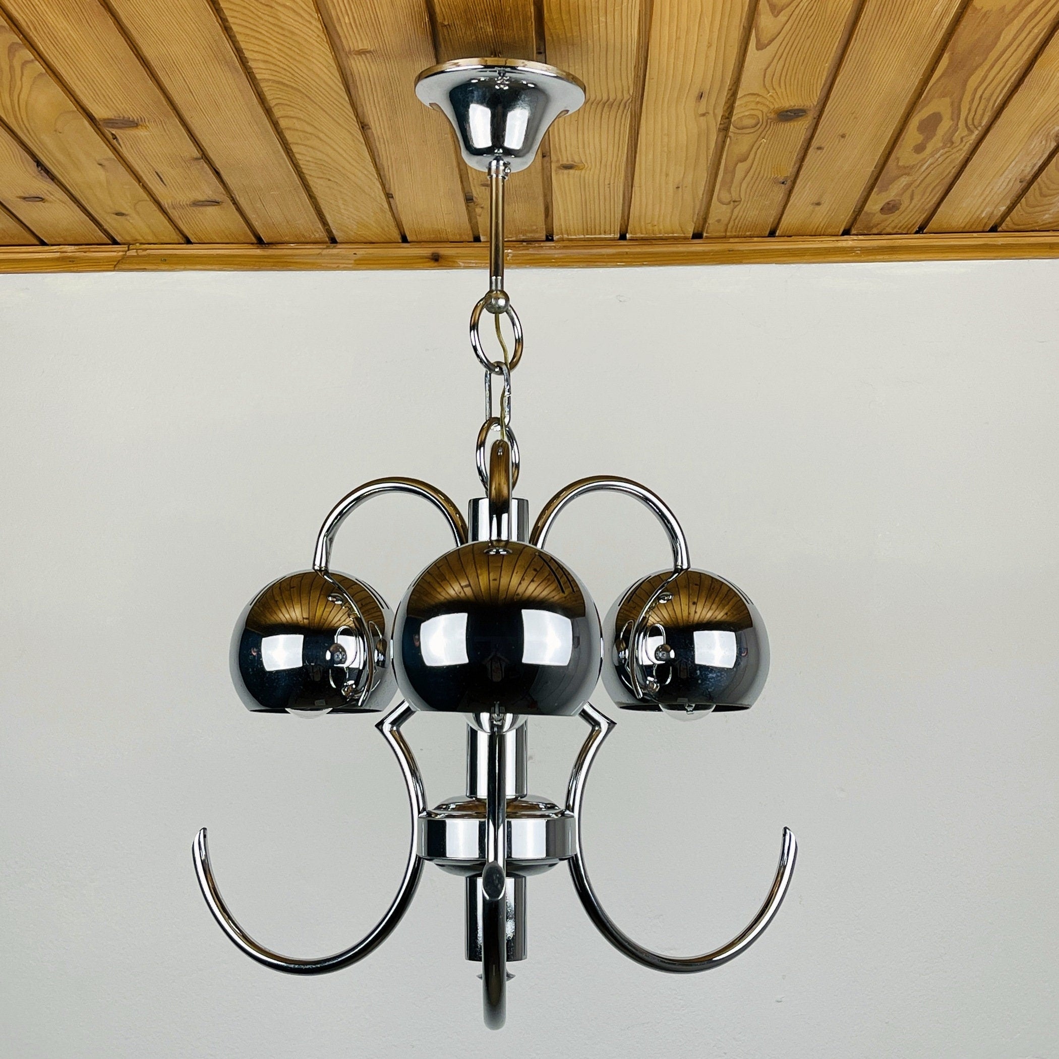 Vintage Italian Eyeball Pendant Lamp: Chrome Space Age Lighting, 1970s