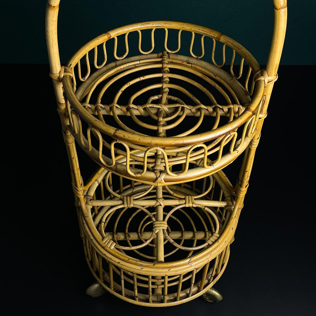 Vintage bamboo & rattan round service bar cart, Italy 1960s