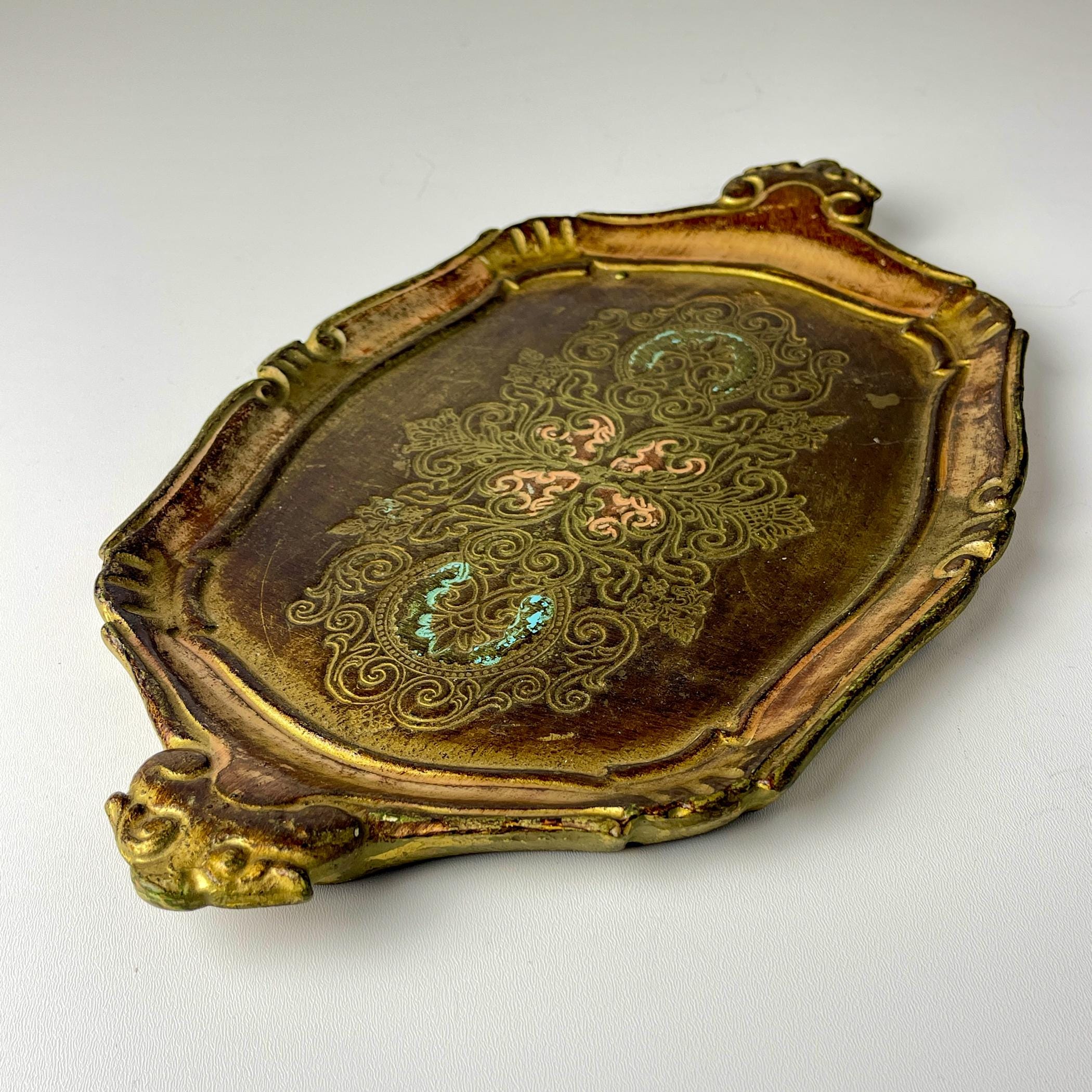 Vintage Small Wooden Florentine Gilt Tray, Italy 1950s
