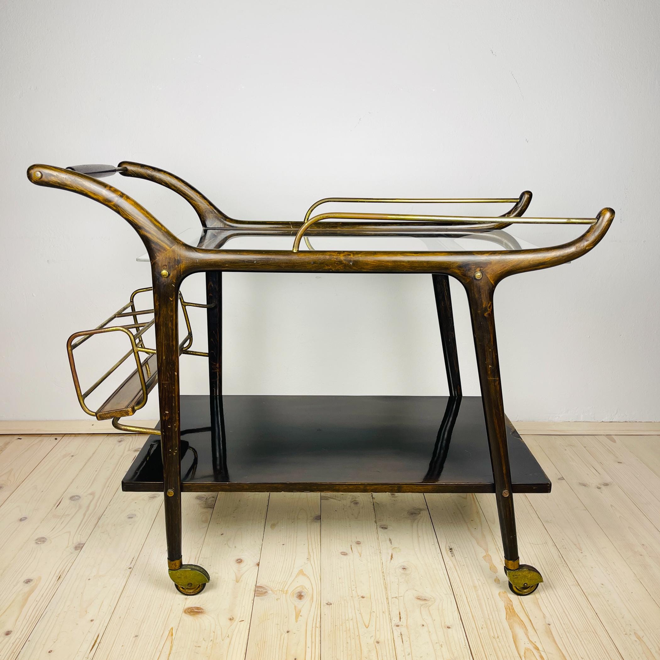 Mid-Century wood bar cart trolley, Italy, 1950s, Vintage Home Decor