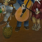 Vintage Naive Art Oil Painting: Rural Feast, Yugoslavia Folk Art