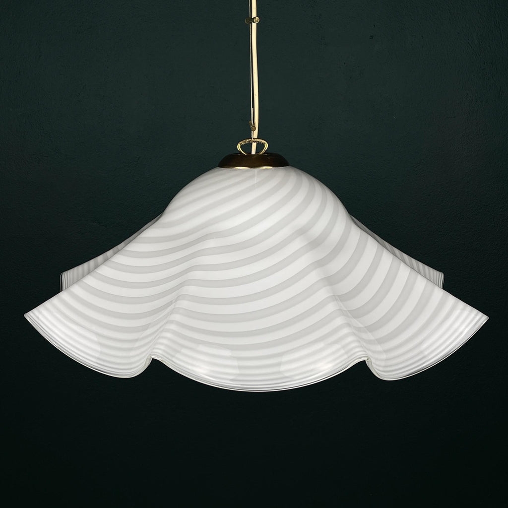 Vintage swirl white Murano glass pendant lamp, Italy 1970s