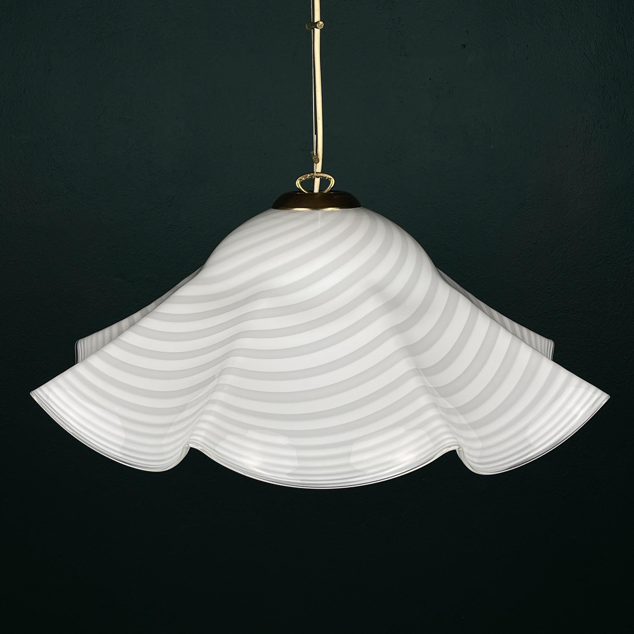 Vintage swirl white Murano glass pendant lamp, Italy 1970s