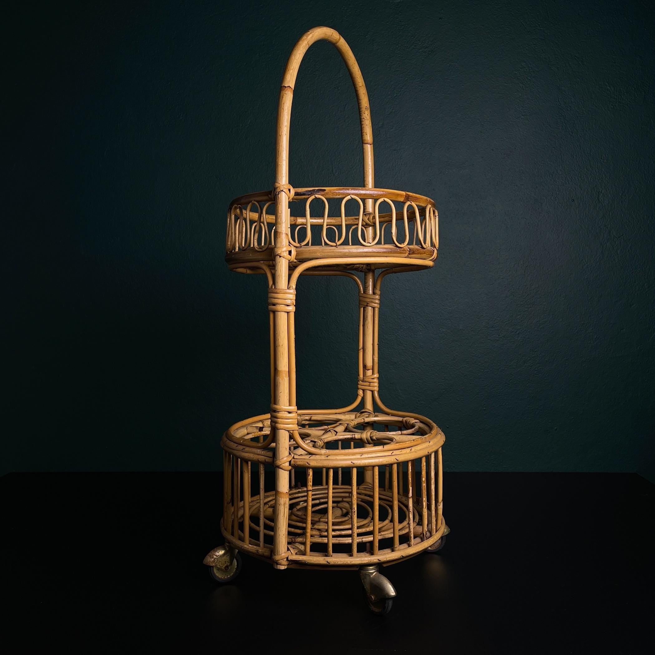 Vintage bamboo & rattan round service bar cart, Italy 1960s