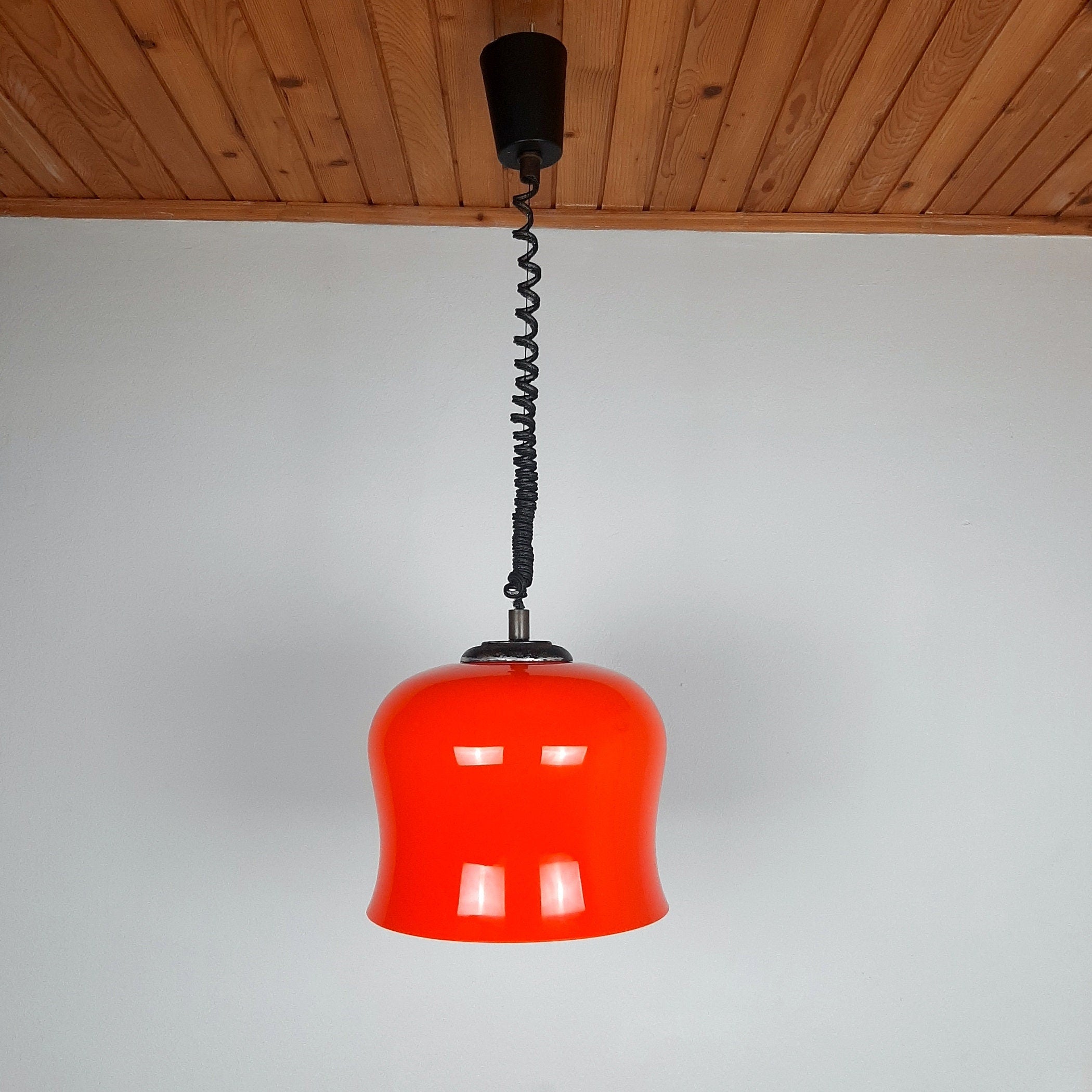 Vintage red glass pendant lamp Italy 1960s space age mid-century lighting