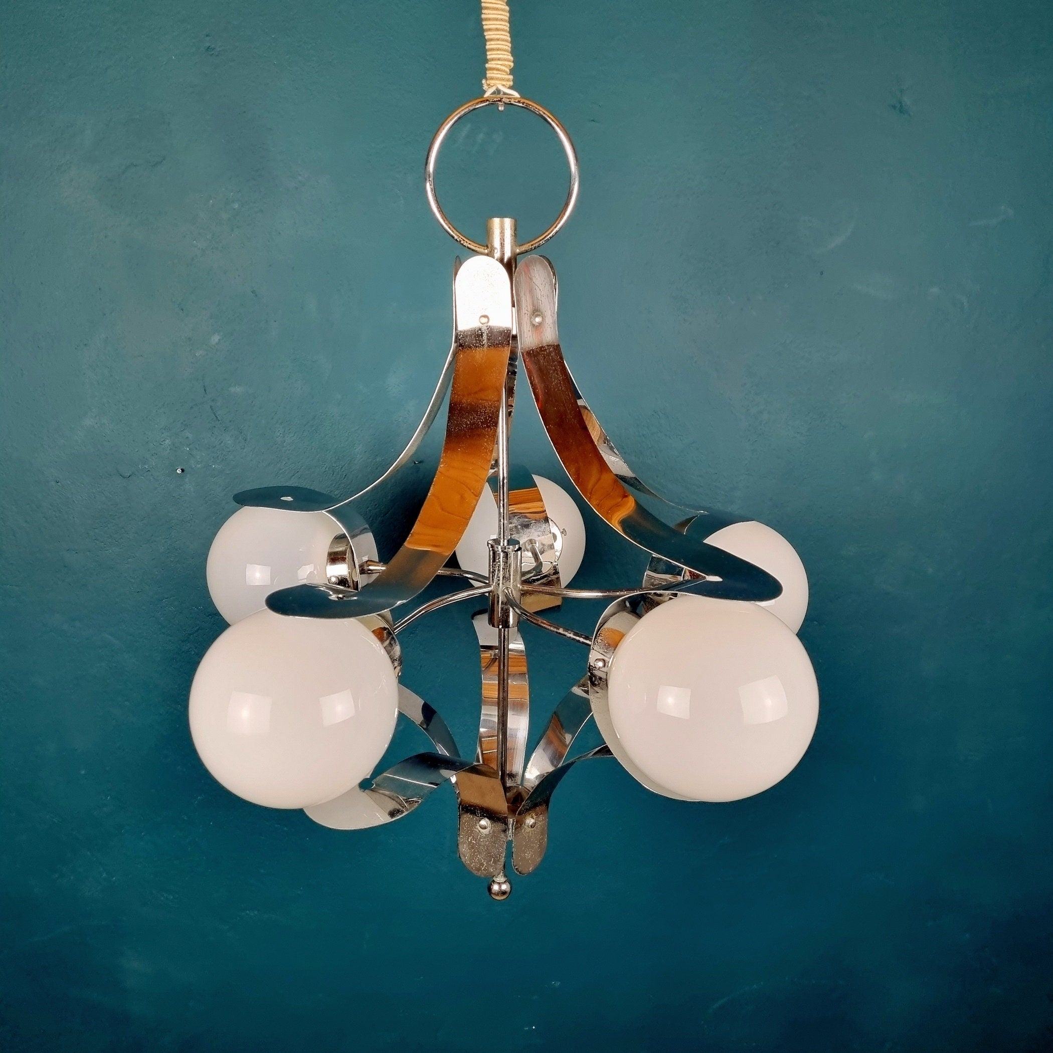Mid-century metal opaline glass Italy 1960s Sputnik Space age Vintage italian lighting
