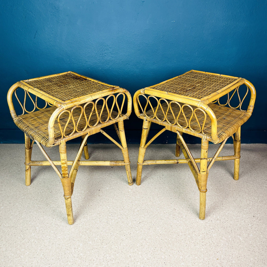 Pair of Vintage bamboo nightstands bedside tables Italy 1960s end table night side furniture modern tiki boho chic bohemian rattan wicker