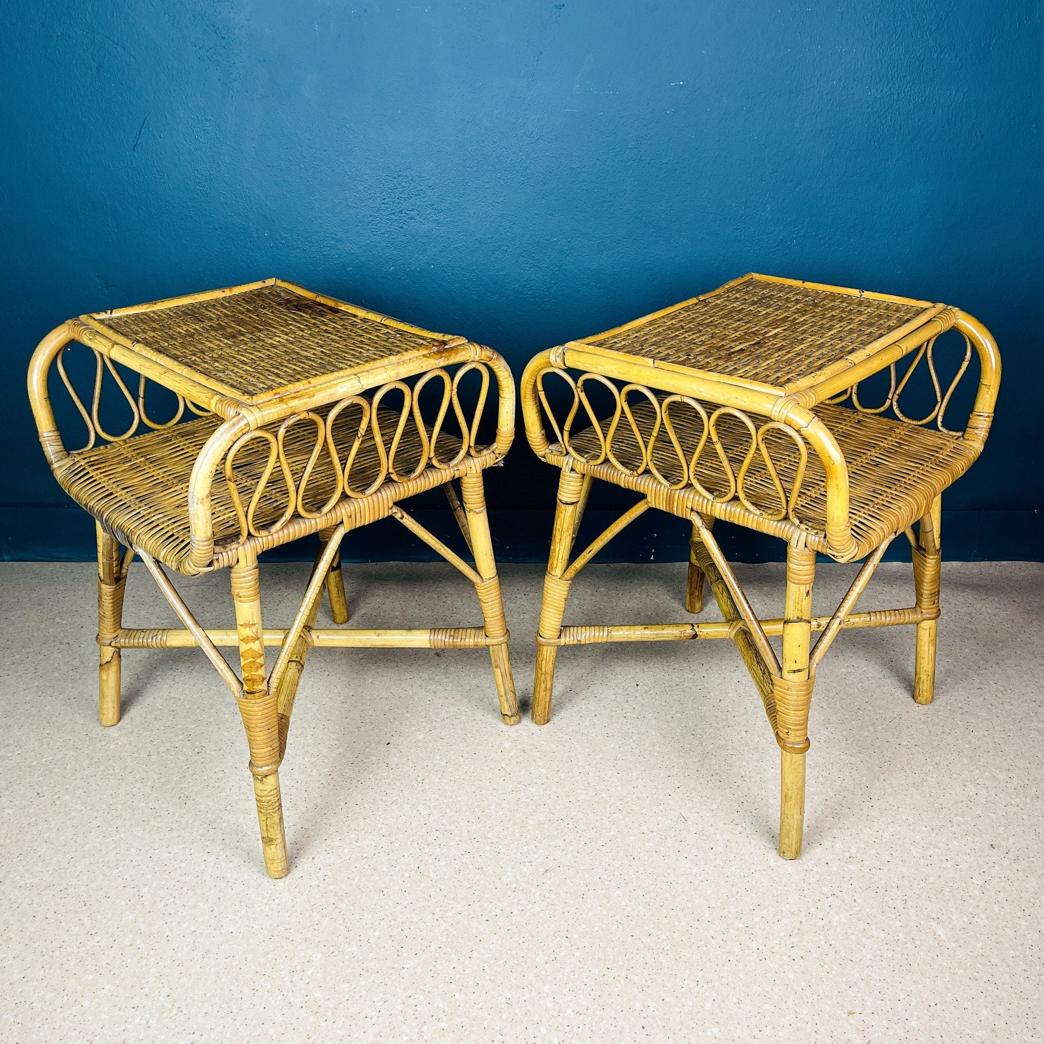 Pair of Vintage bamboo nightstands bedside tables Italy 1960s end table night side furniture modern tiki boho chic bohemian rattan wicker