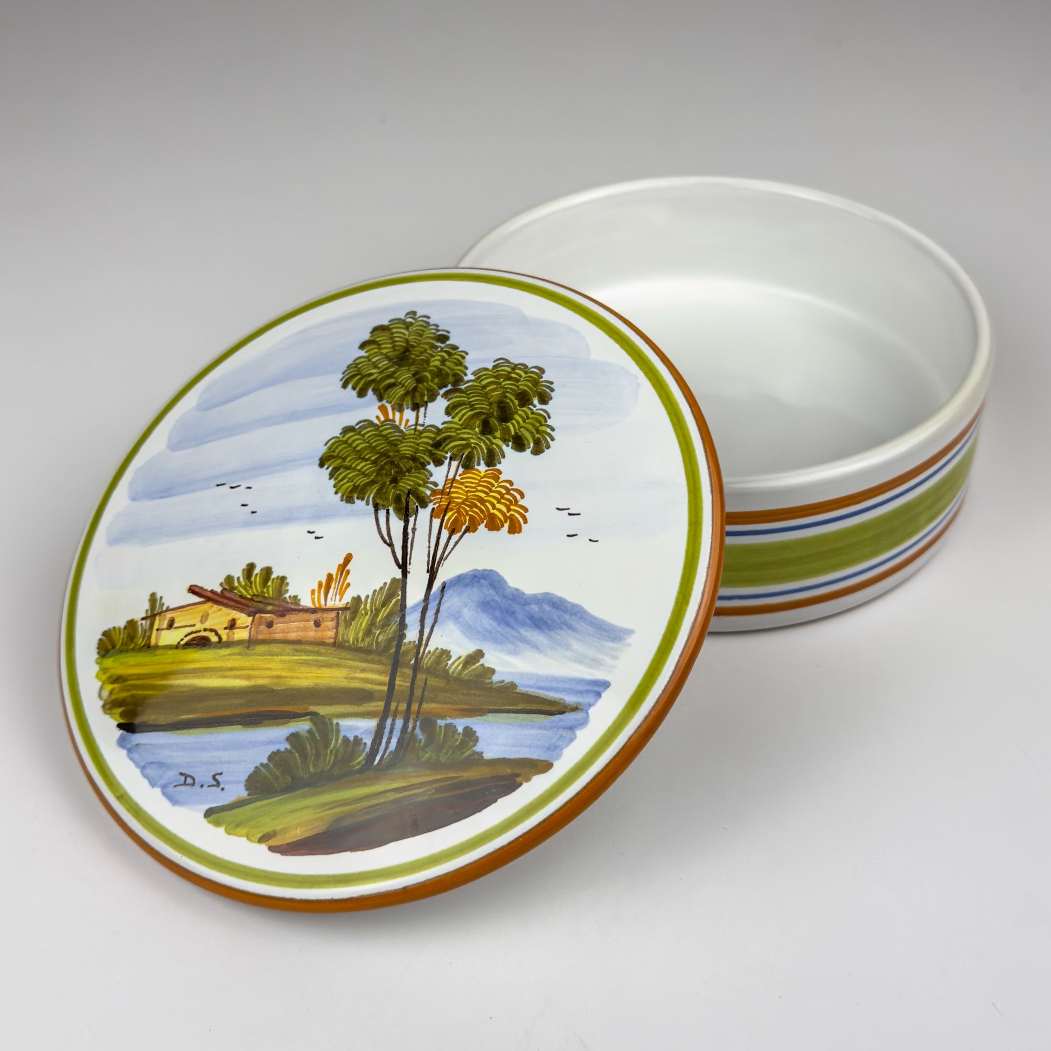 Vintage hand painted round trinket box by manufacture Di Stefano, Italy, late 20th Century