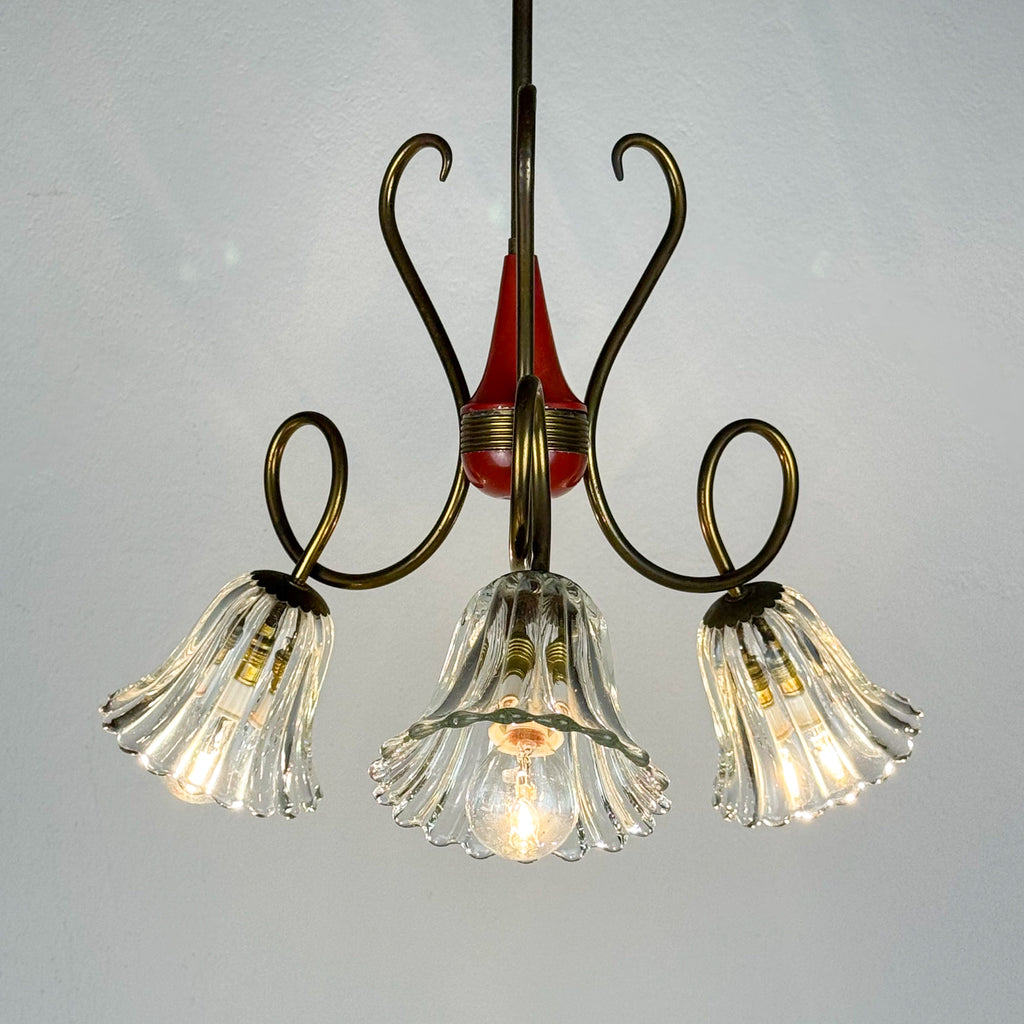 Vintage murano glass and brass chandelier, Italy 1950s