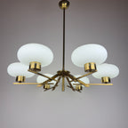 Mid-Century Stilnovo Chandelier with Brass and Opaline Glass, Italy 1970s