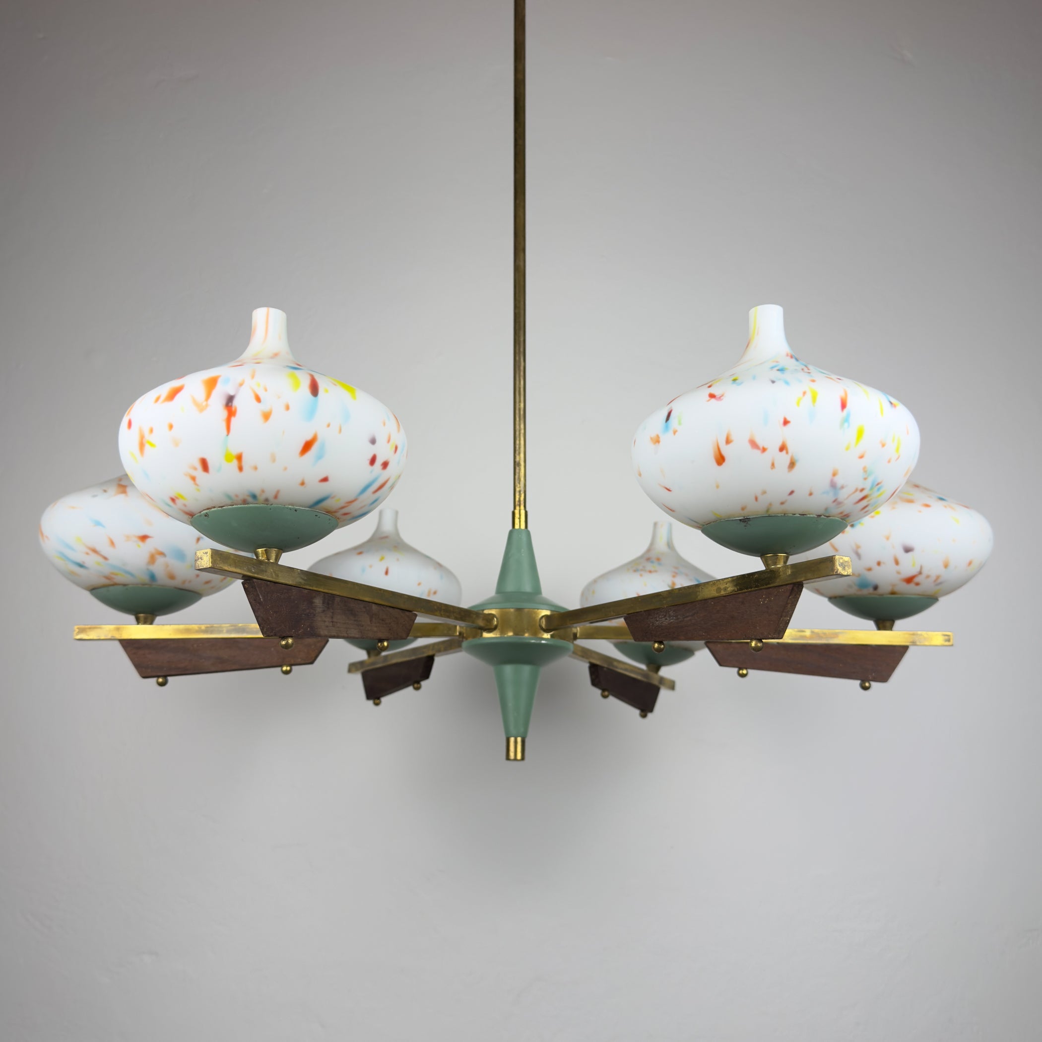 Mid-Century Stilnovo chandelier with teak and Murano Glass, Italy 1940-50s