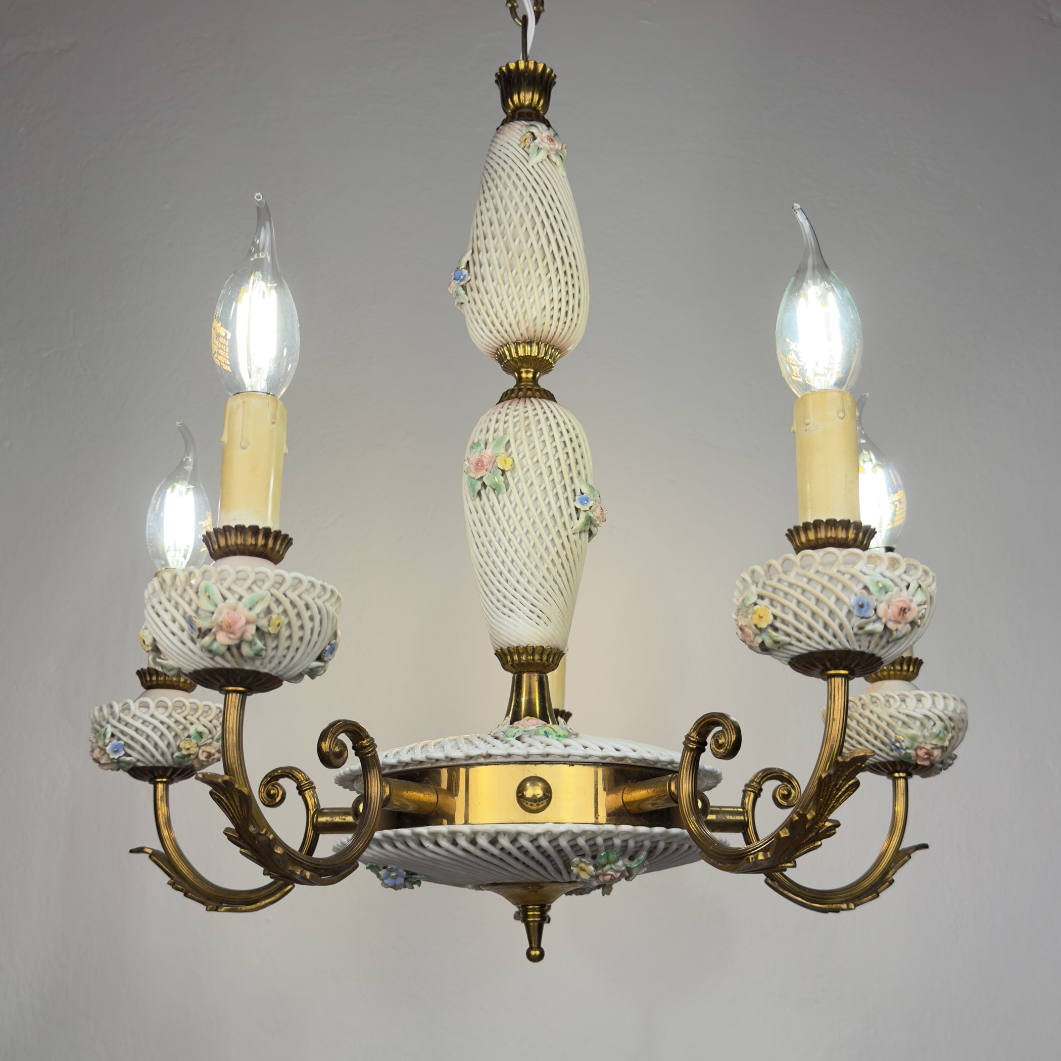 Vintage Art Nouveau Capodimonte Chandelier: Floral Porcelain Lamp, 1930s