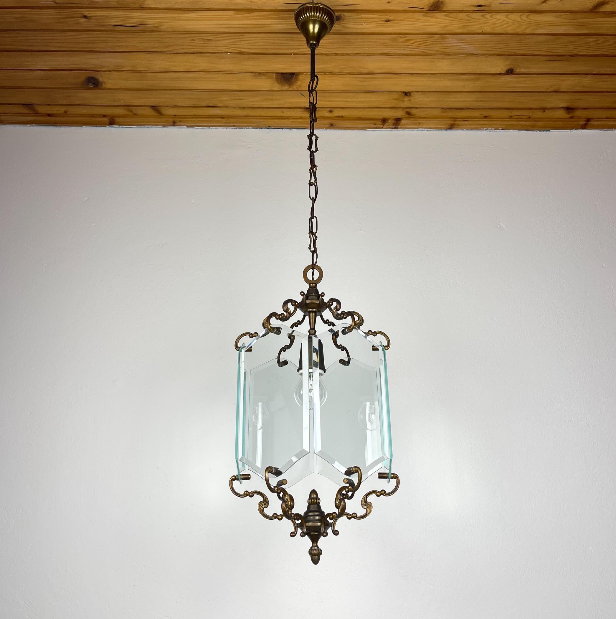 Vintage bronze pendant lamp, in style of Pietro Chiesa For Fontana Arte, Italy, 1950s